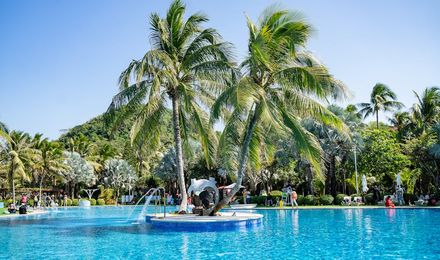 A large resort pool ringed by palm trees, with a fountain at its centre