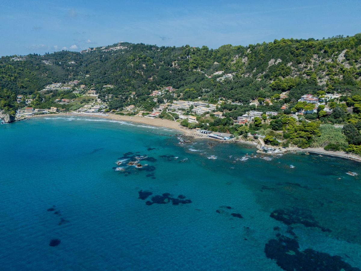 Glyfada, one of the sandy beaches on the west coast