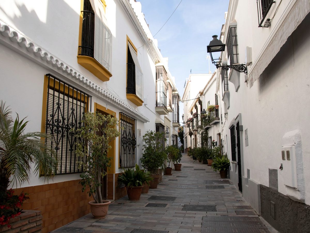 A whitewashed lane dressed with flower pots