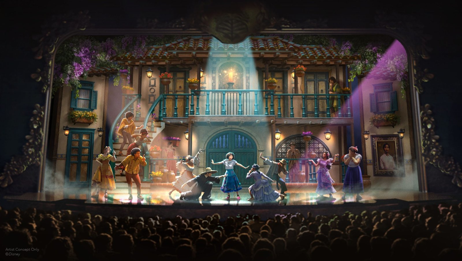 Artist's impression of the Disney Encanto stage show, with the cast in front of the Madrigal family house