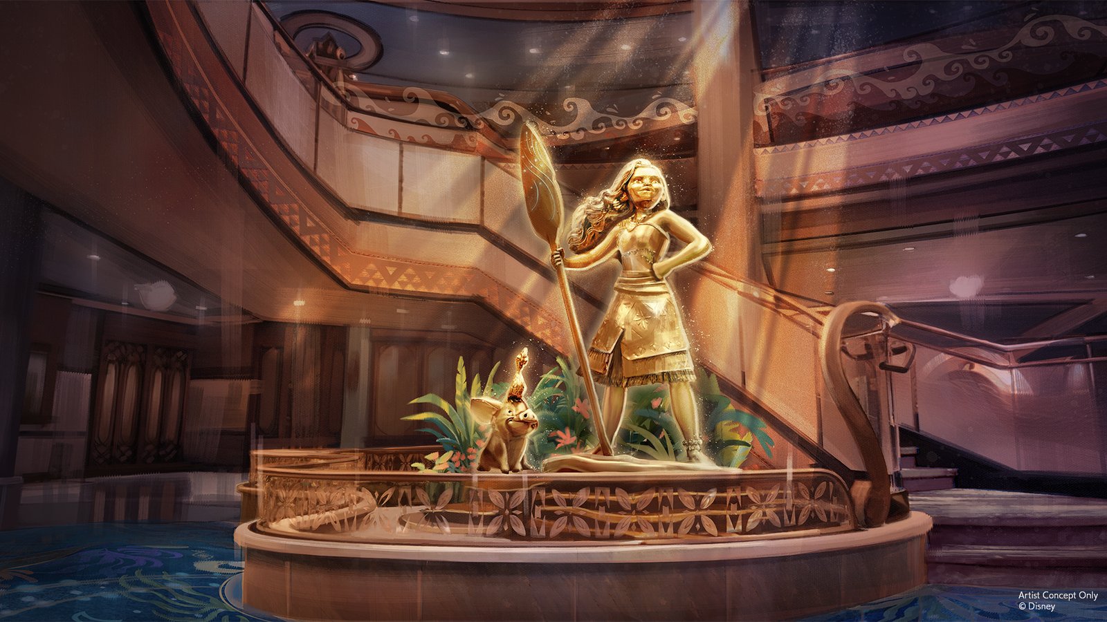 Artist's impression of a golden Moana statue in the Grand Hall of the Disney Believe