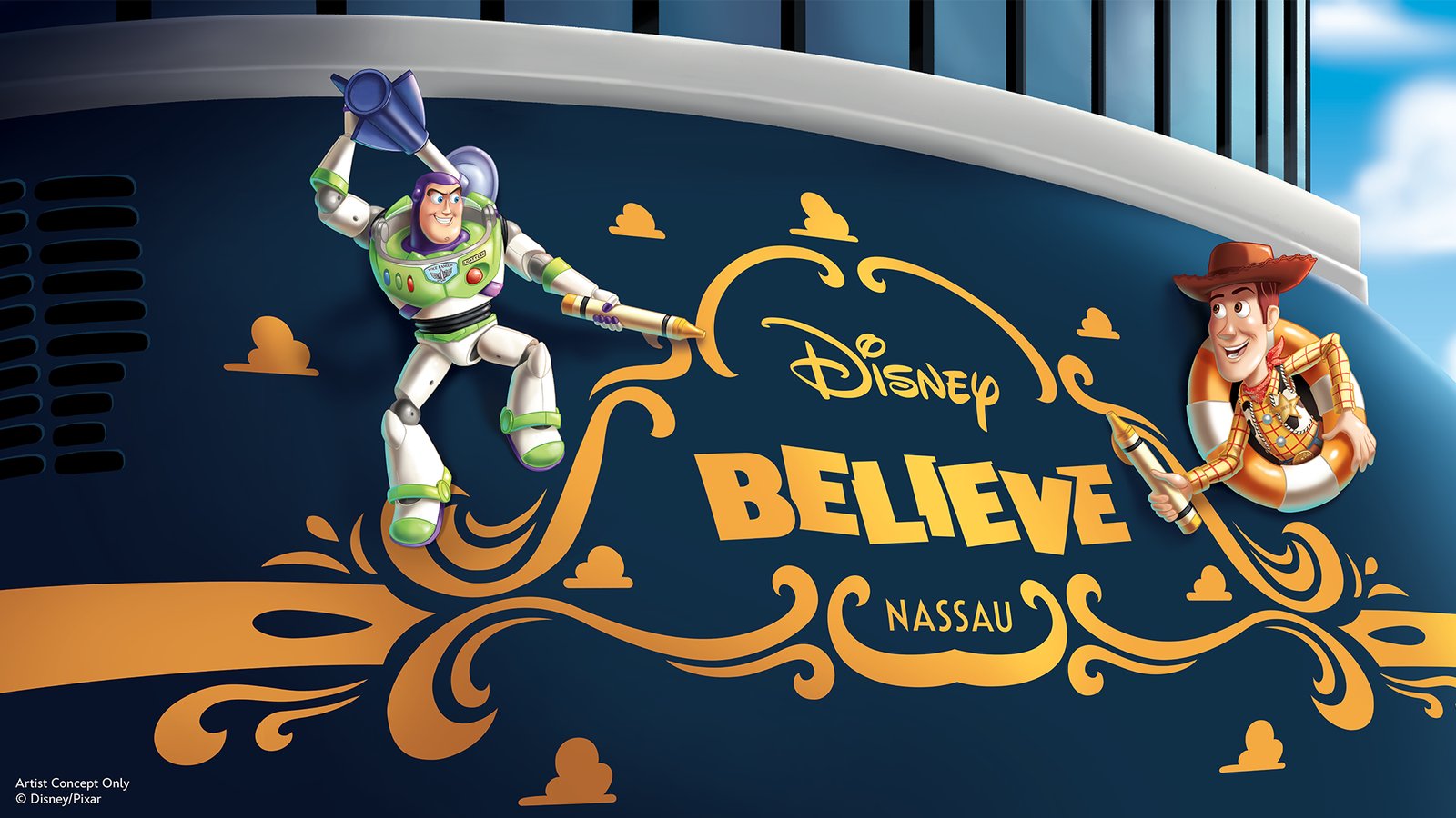 Artist's impression of the Disney Believe's stern, with Buzz Lightyear and Woody either side of the ship's name