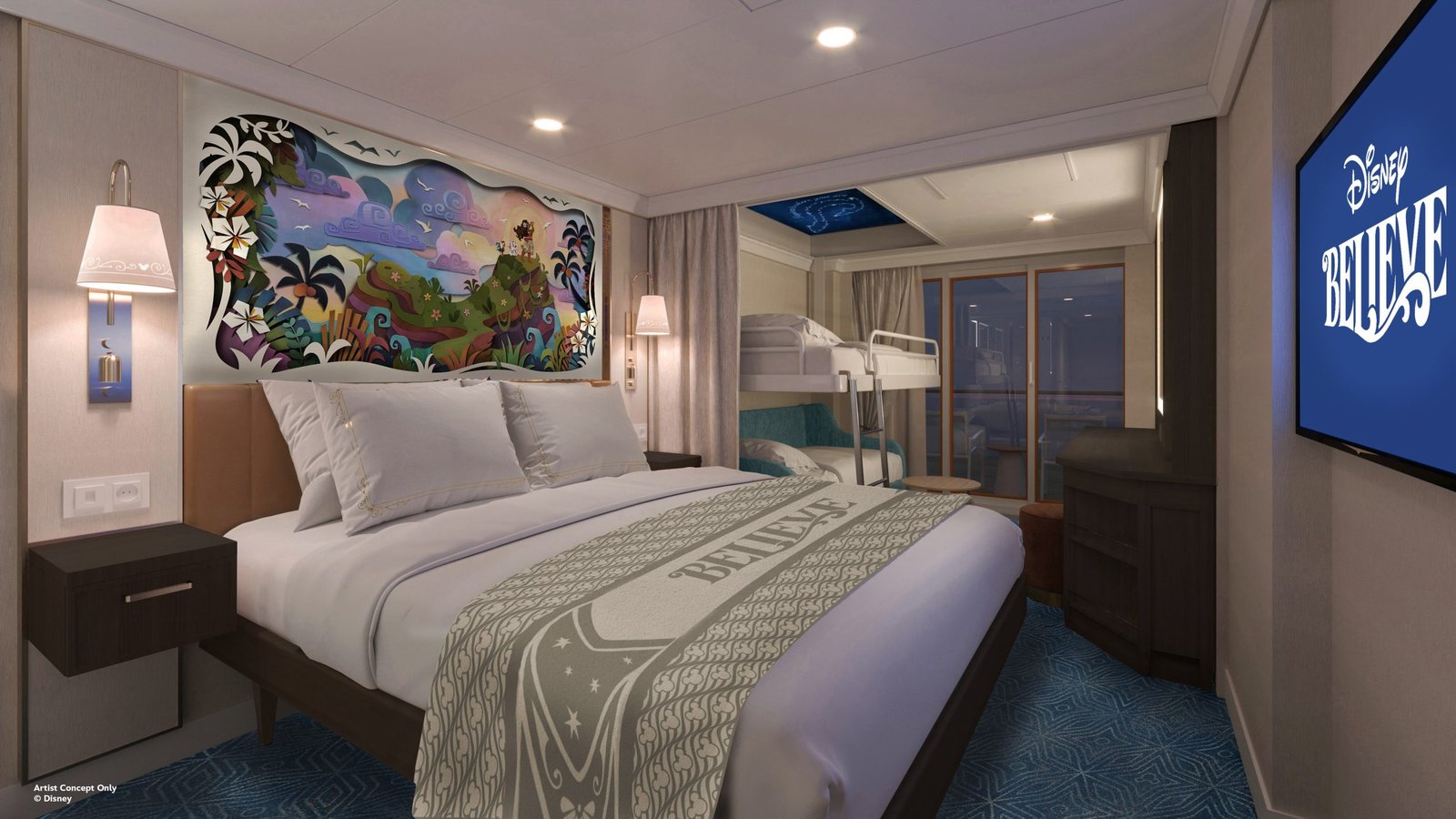 Artist's impression of a Disney Believe verandah stateroom with a double bed, a pull-down bunk and papercut-style artwork