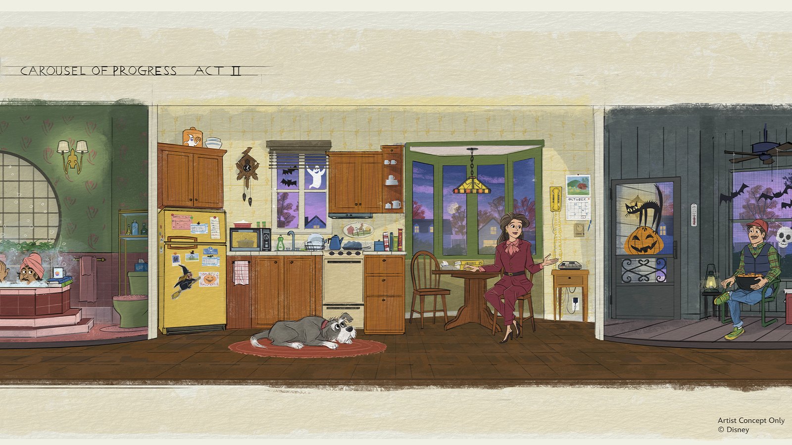 Concept artwork for the Carousel of Progress scene set at Halloween in 1985