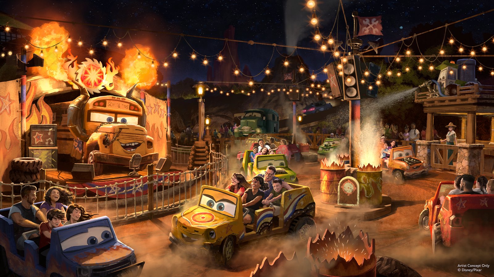 Artist concept showing Miss Fritter’s Daredevil Spin-Along at night