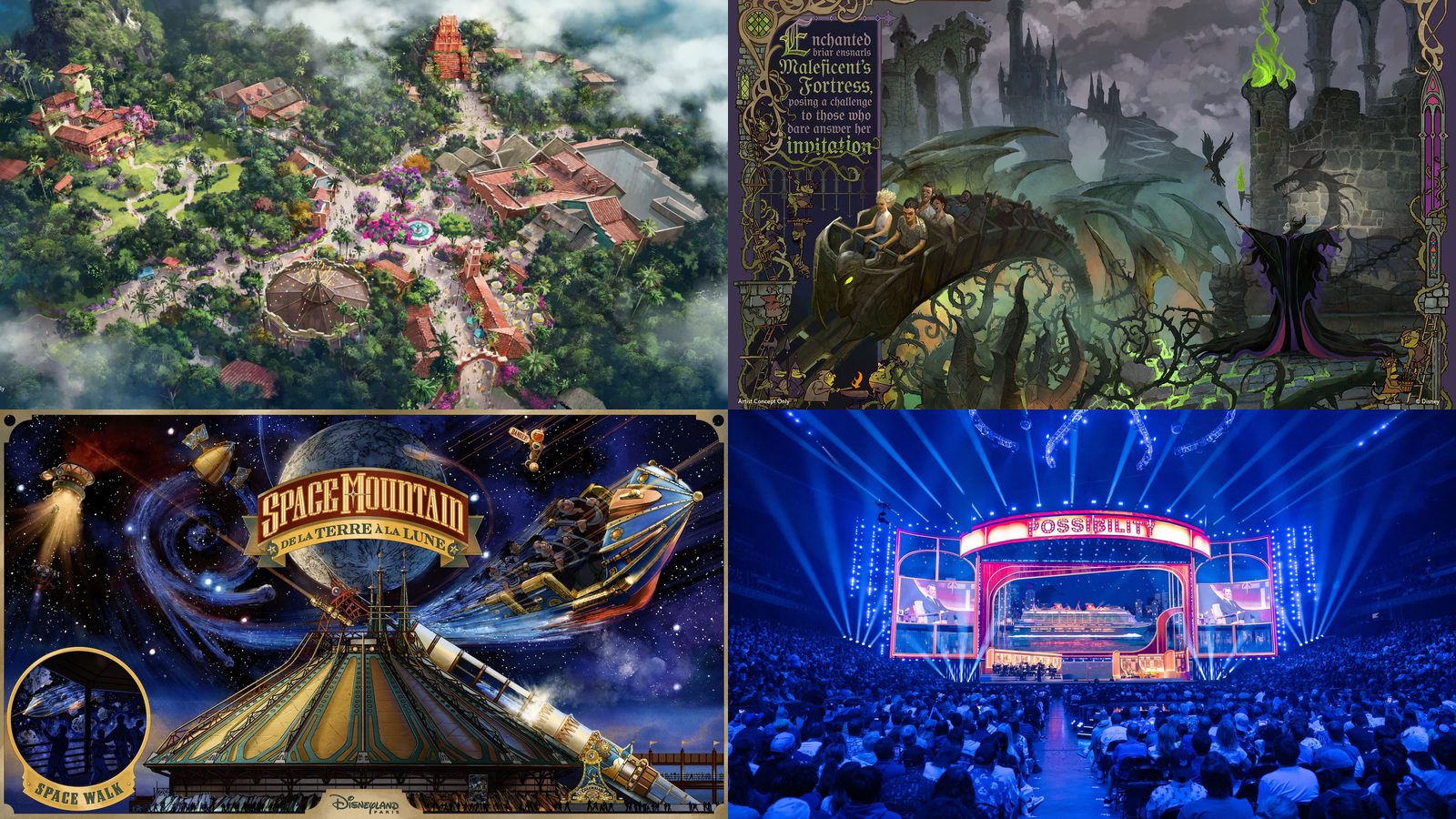 Composite of official Disney artwork for Tropical Americas, Villains Land, Space Mountain and Disney Cruise Line