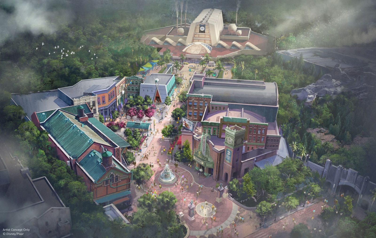 Aerial artist concept showing the planned Monstropolis land at Disney’s Hollywood Studios