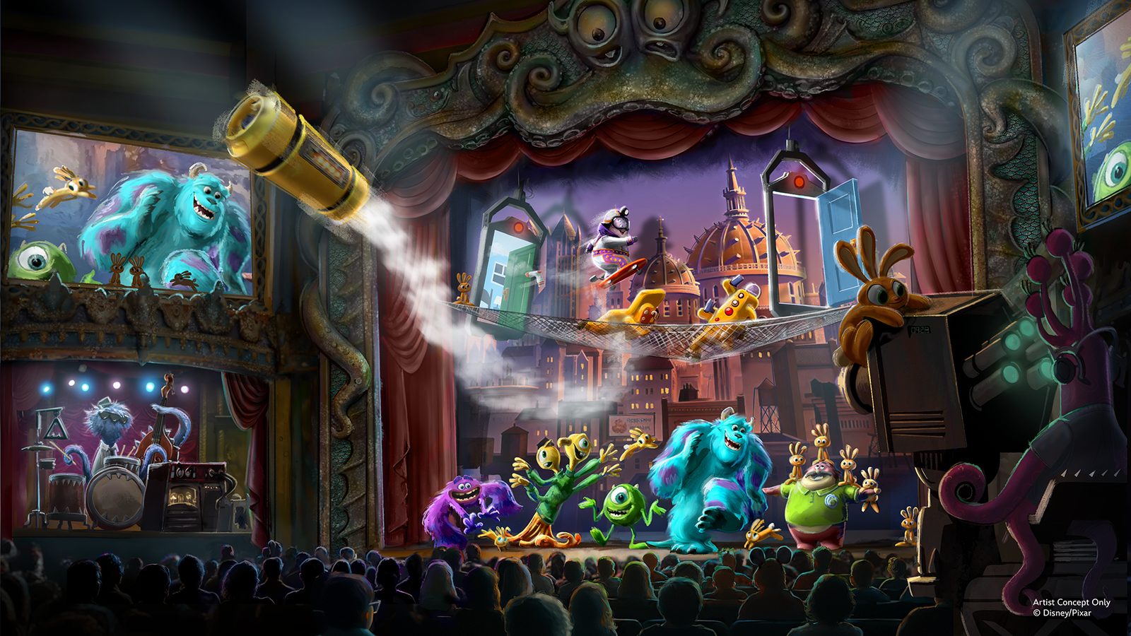 Artist concept showing the Glob Theater and Monstropolis streets