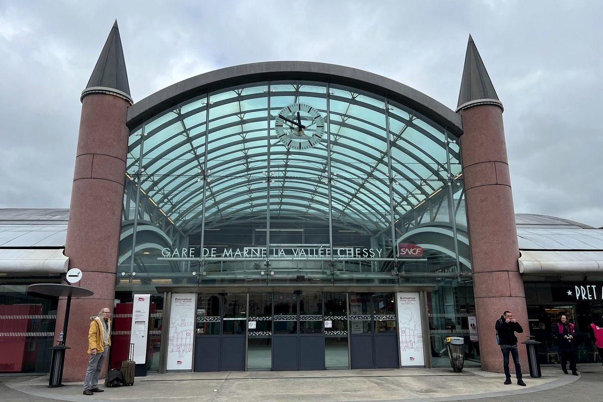 The glass entrance of Marne-la-Vallée-Chessy station, the train station at the Disneyland Paris gates