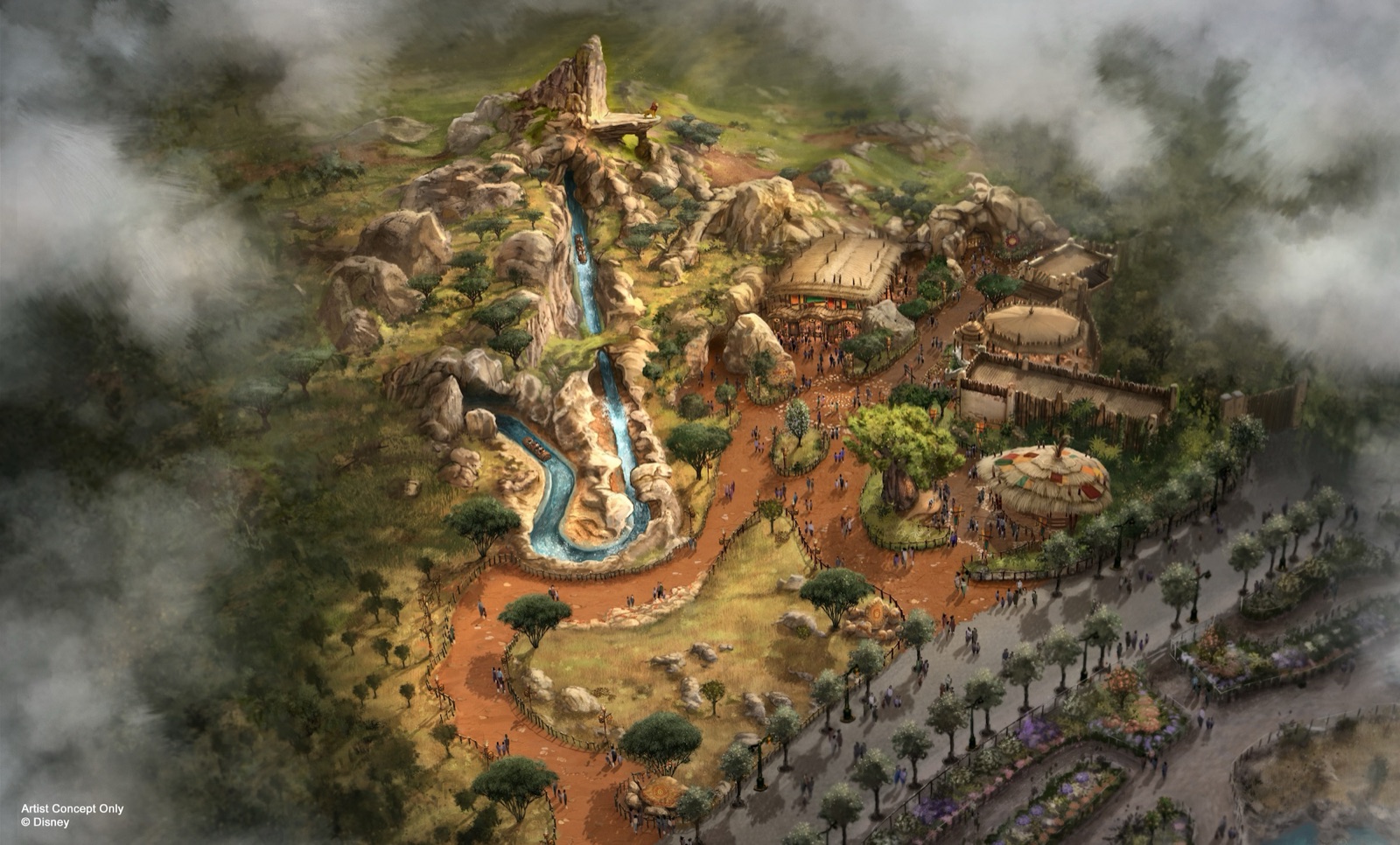 Aerial artist concept showing Pride Rock, the water ride and village buildings in the planned Lion King area
