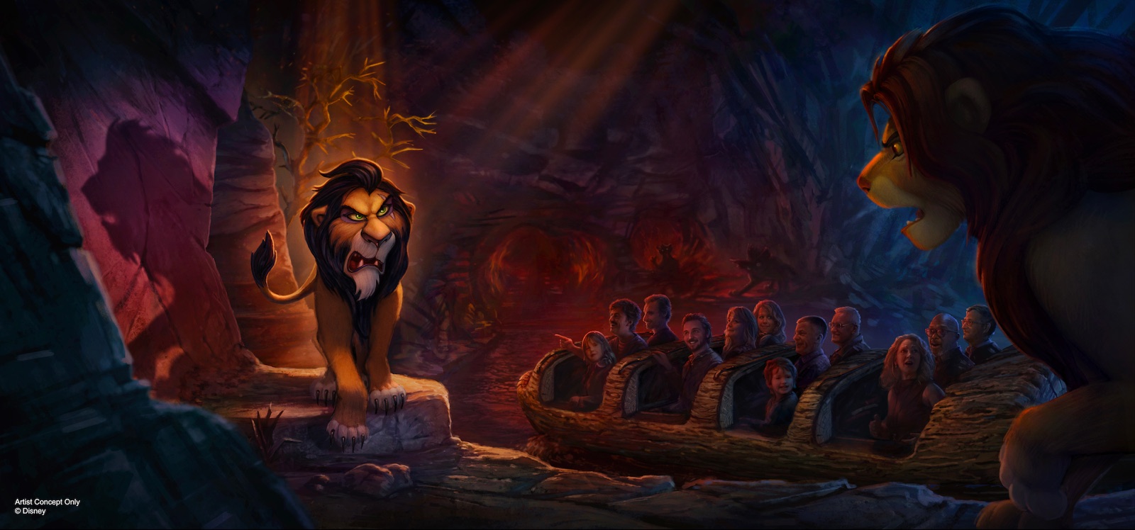 Artist concept showing Scar confronting Simba on the planned Lion King water ride at Disneyland Paris