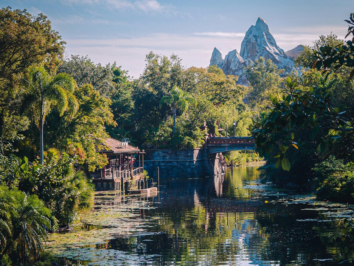 The snow-capped peak of Expedition Everest above the trees and a stone bridge, reflected in the Discovery River at Animal Kingdom