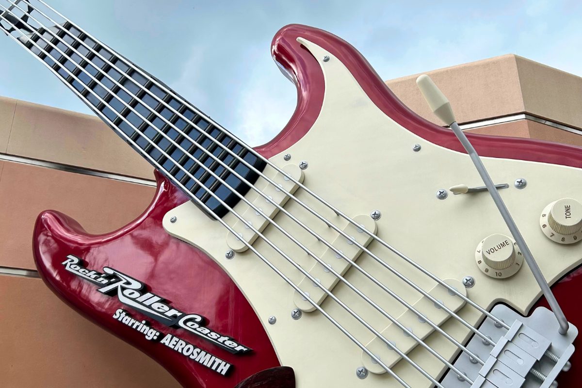 The giant red guitar outside Rock 'n' Roller Coaster on Sunset Boulevard