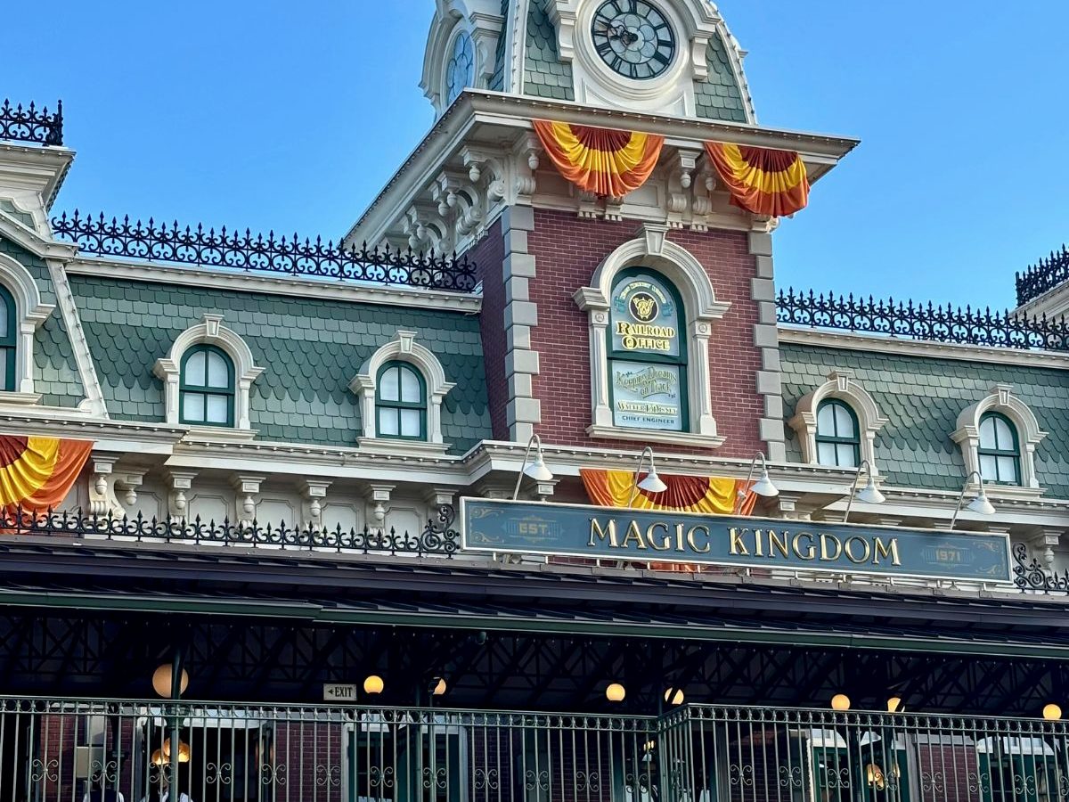 The Walt Disney World Railroad station at Magic Kingdom, hung with autumn bunting