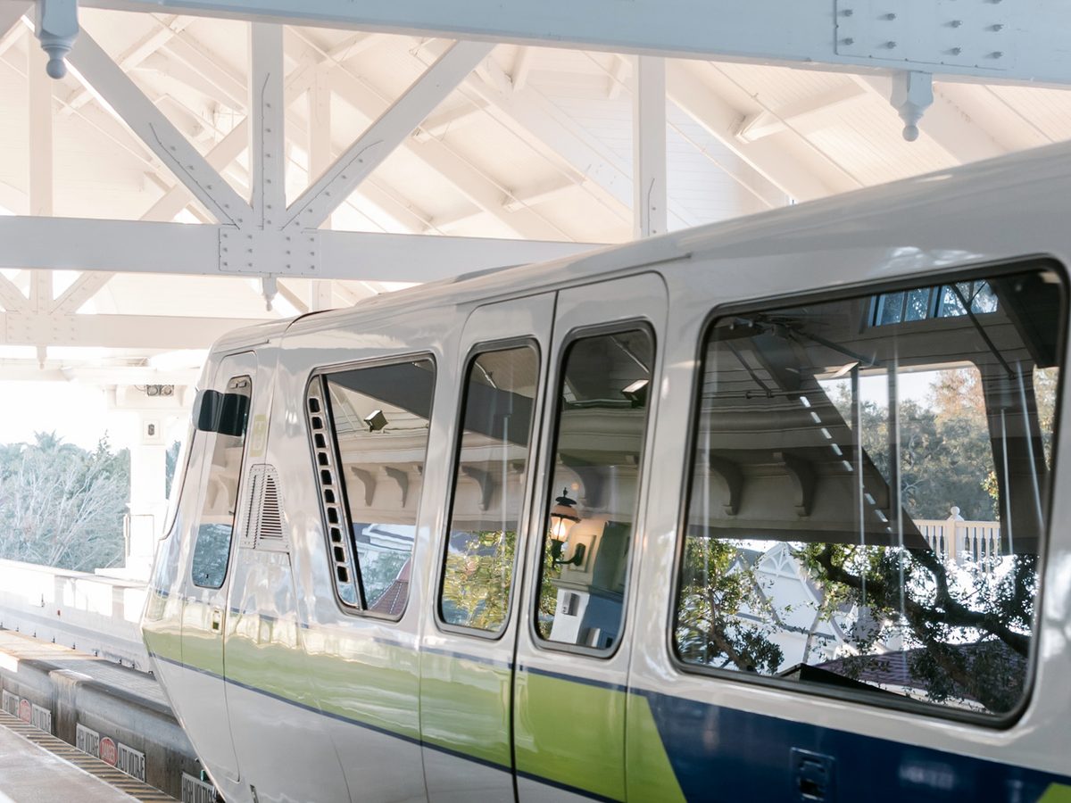 A monorail with a green and blue stripe waiting under the white timber canopy of a resort station