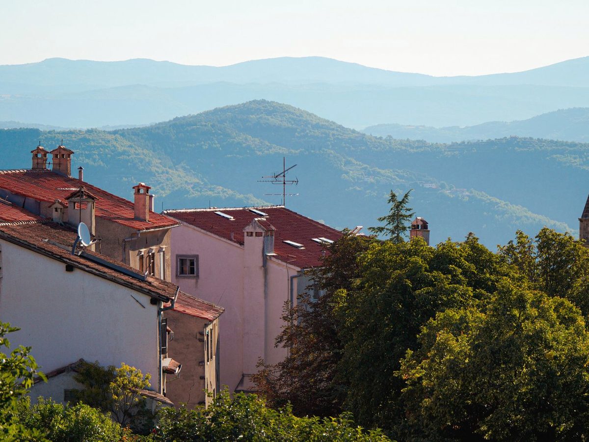 Motovun on its hilltop above the vineyards