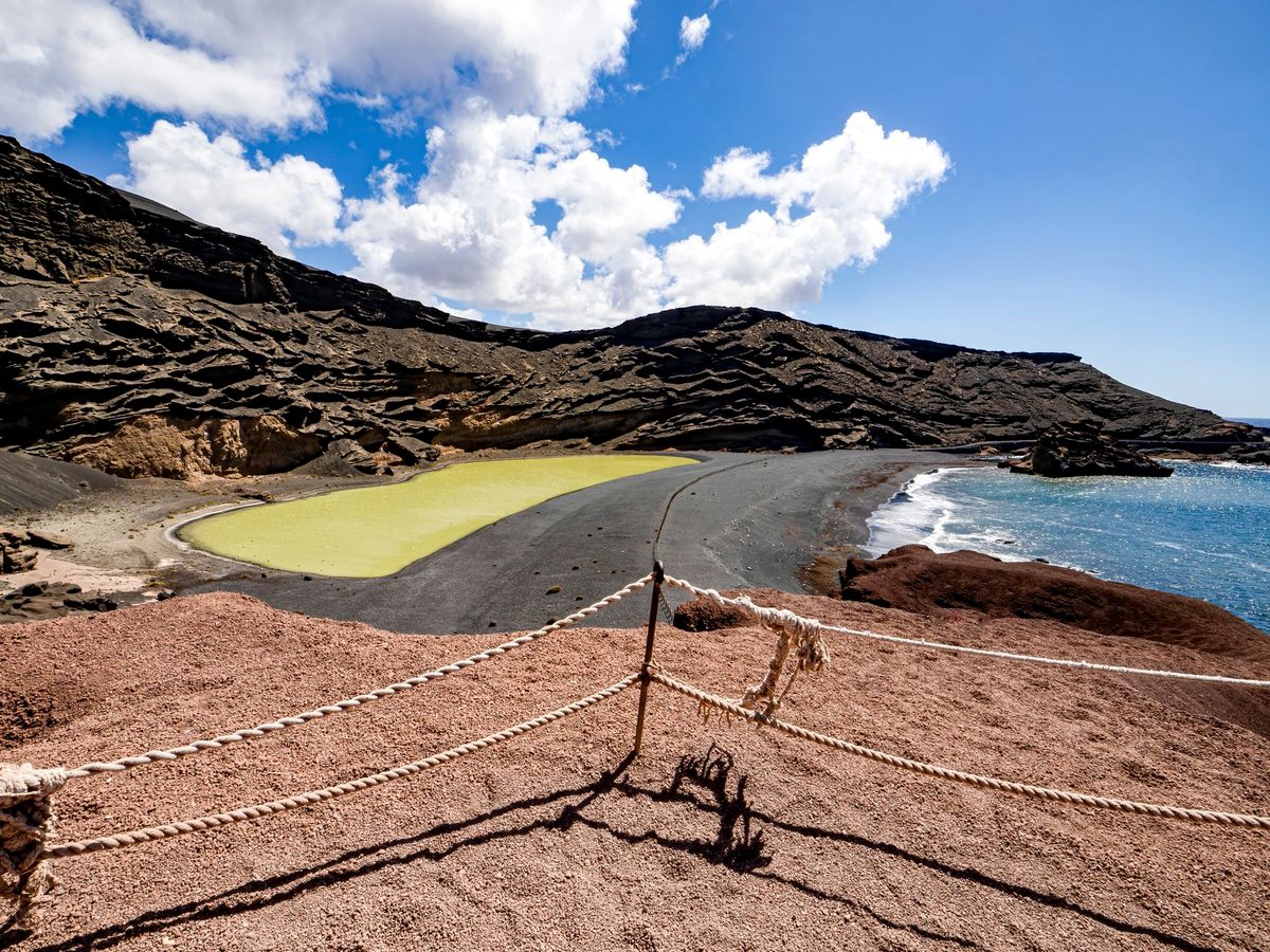 The green lagoon at El Golfo, behind its black-sand beach