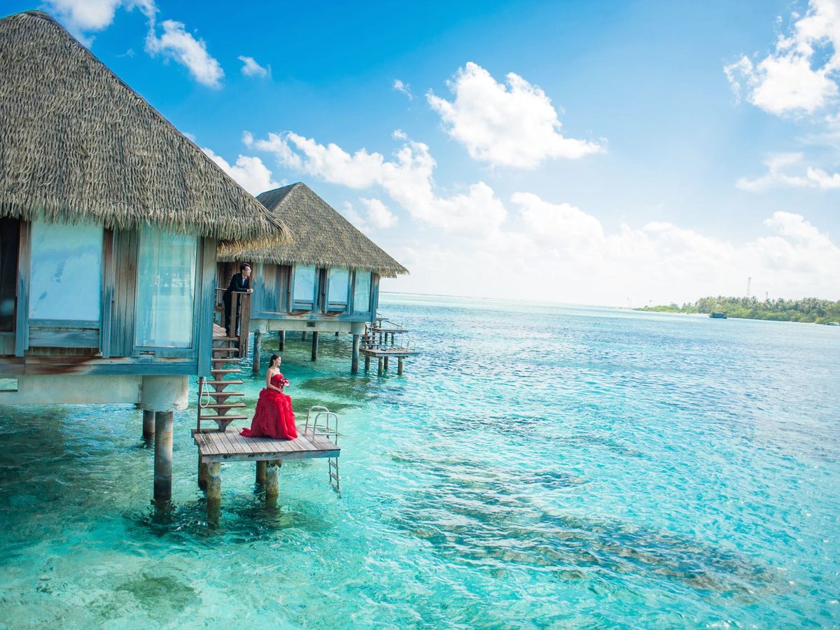 Overwater villas on stilts over the lagoon