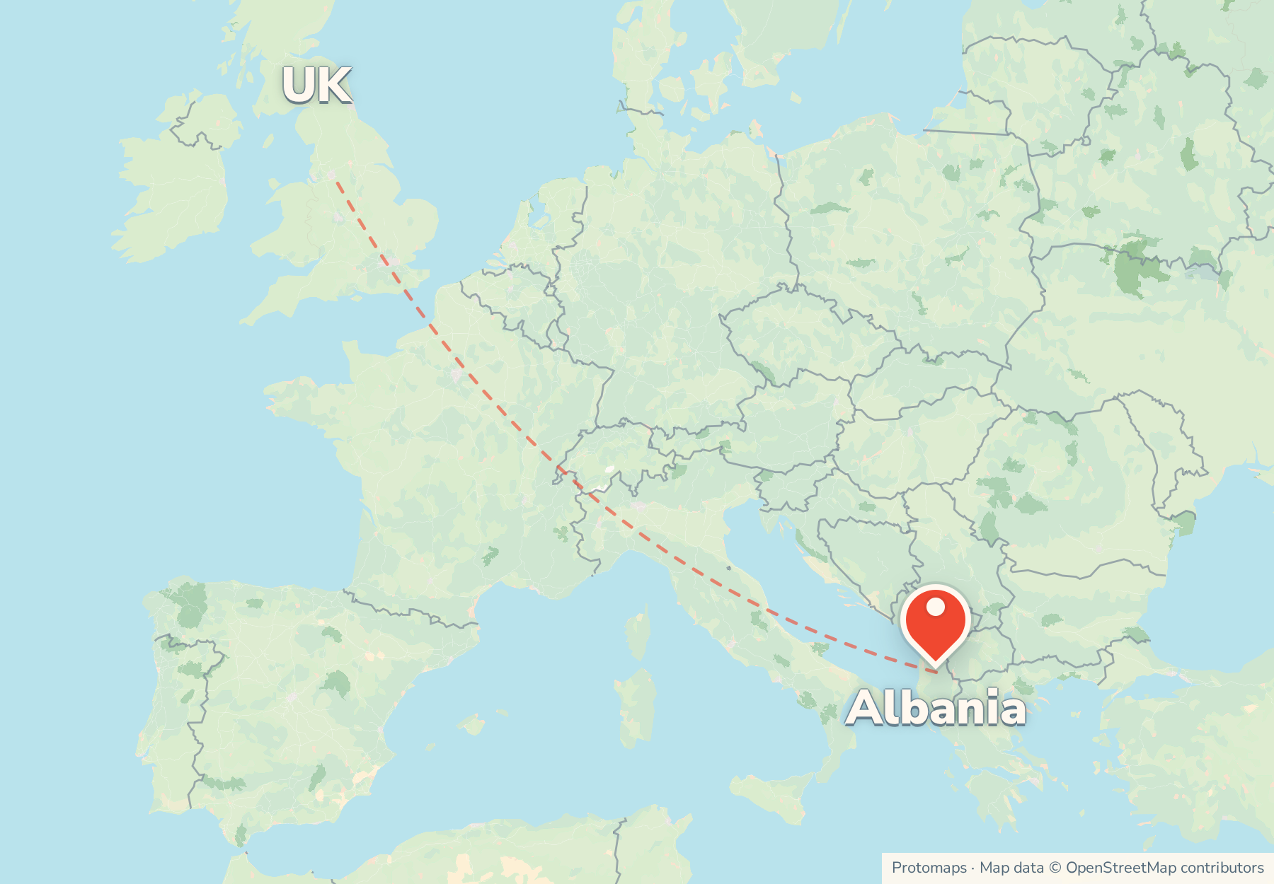 Map of the route from the UK to Albania, with Albania marked