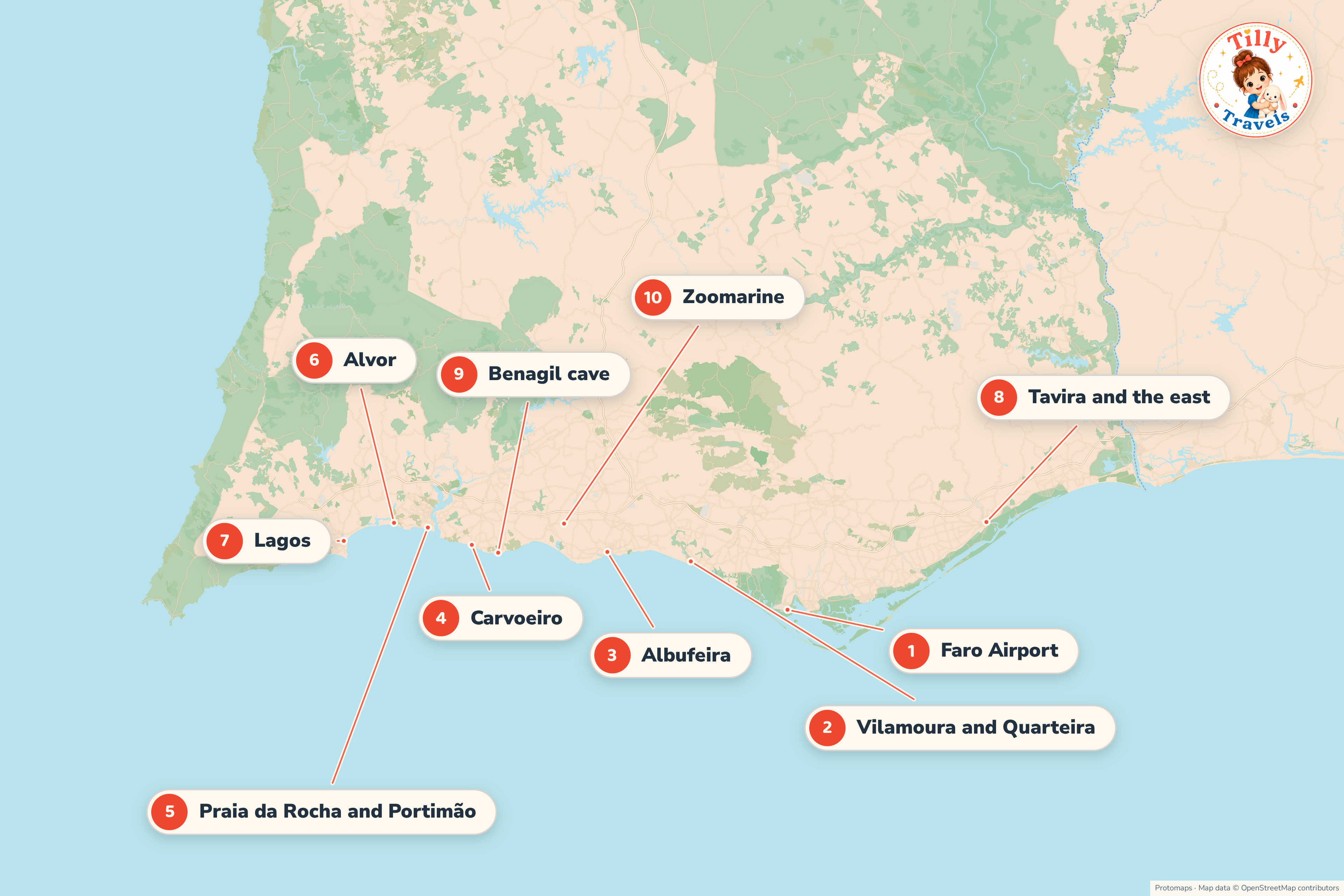 Map of the Algarve showing the main family areas, Faro airport and the bigger days out.