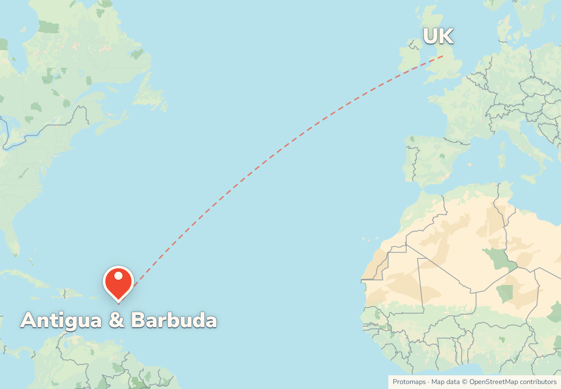 Map of the route from the UK to Antigua & Barbuda, with Antigua & Barbuda marked