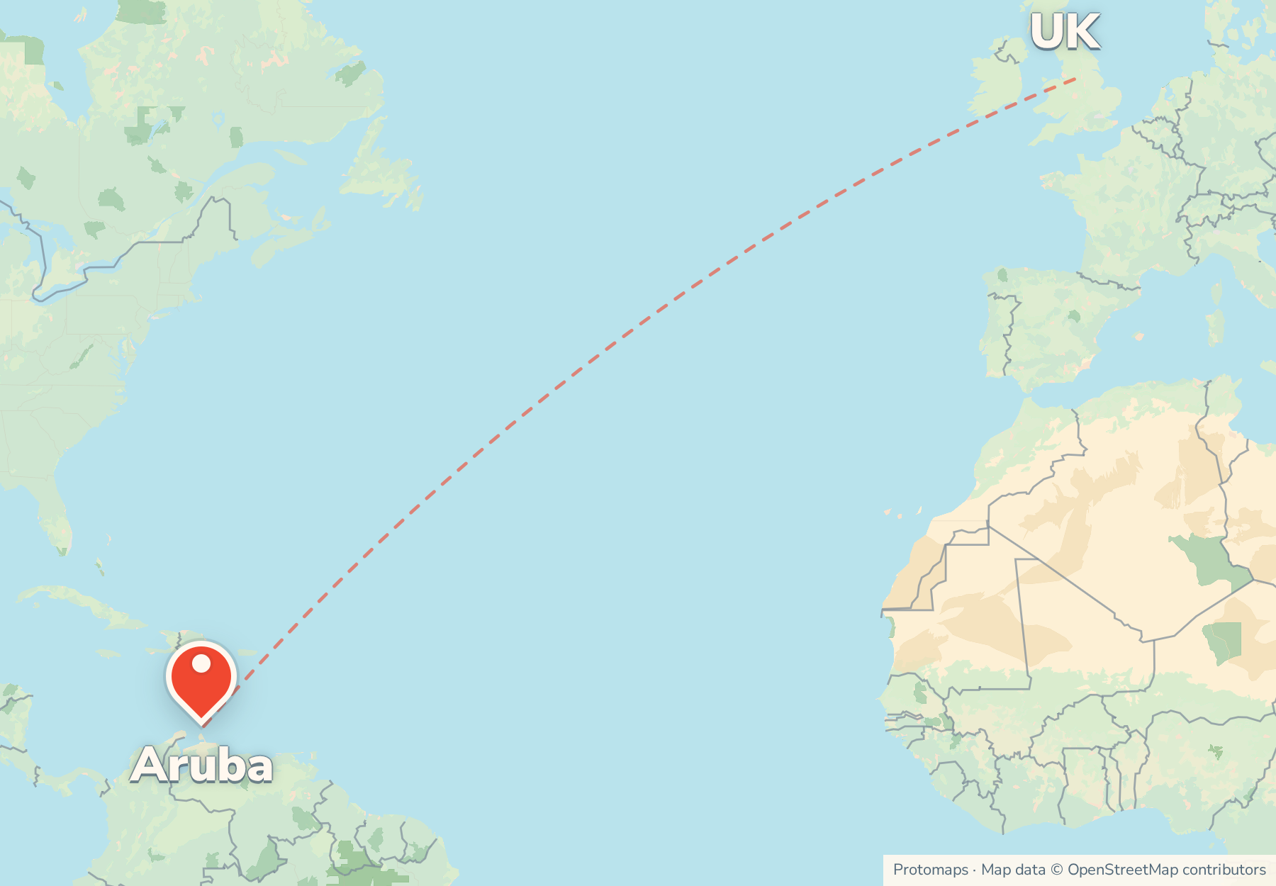 Map of the route from the UK to Aruba, with Aruba marked