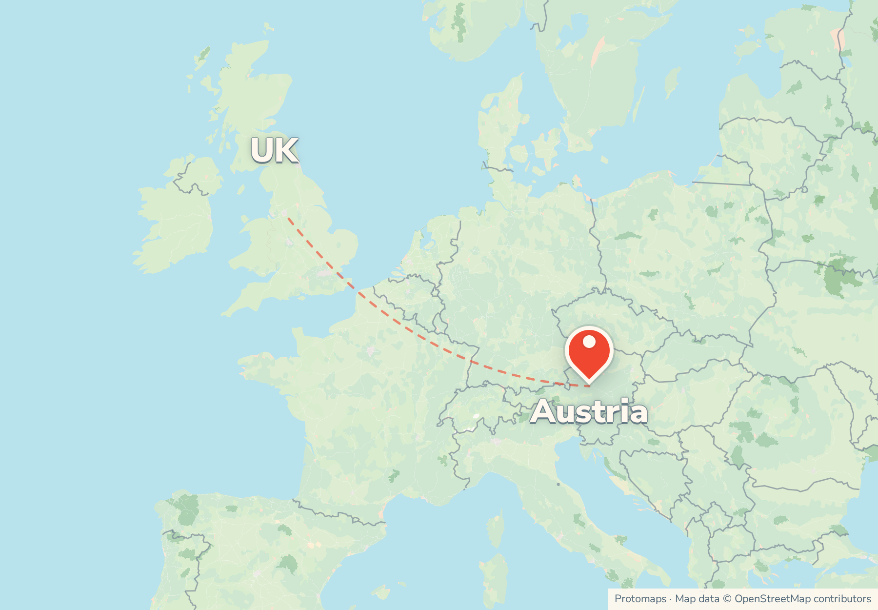 Map of the route from the UK to Austria, with Austria marked