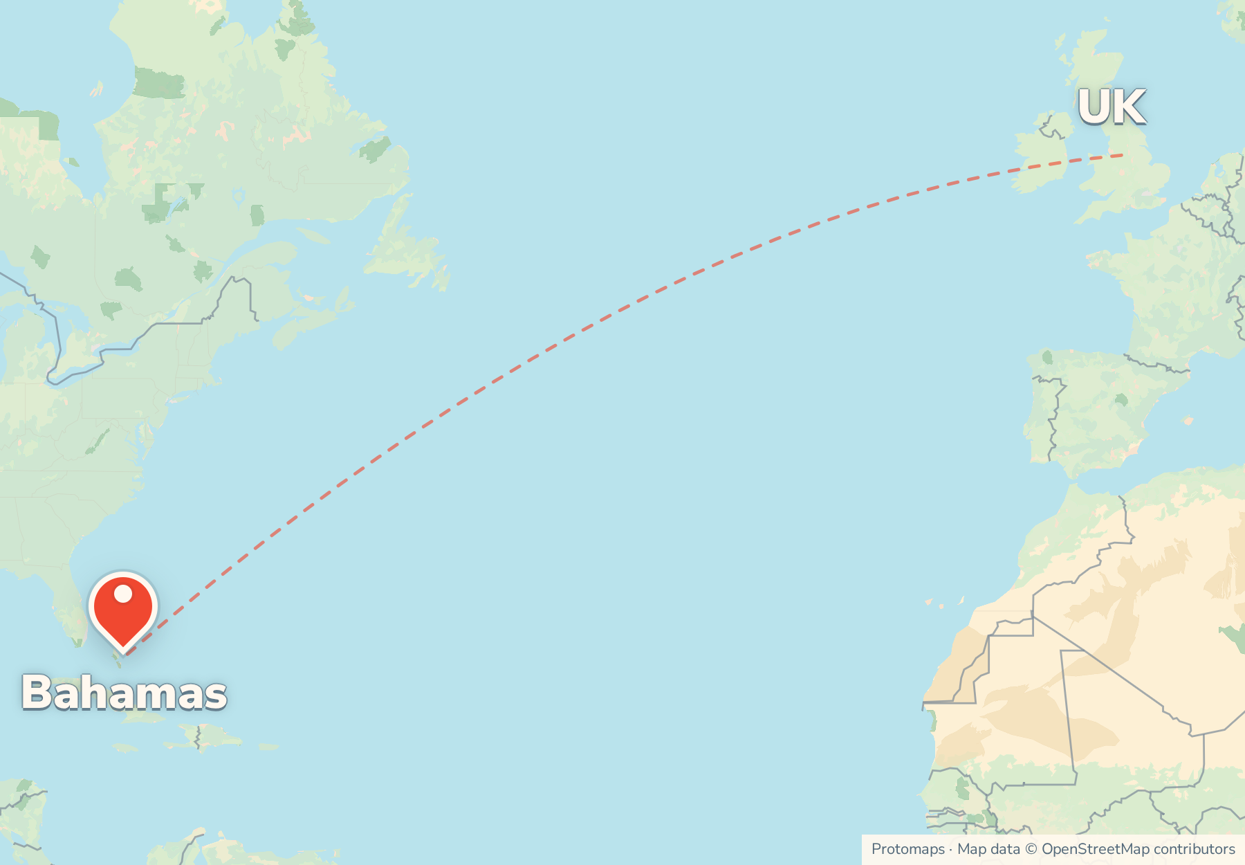 Map of the route from the UK to Bahamas, with Bahamas marked