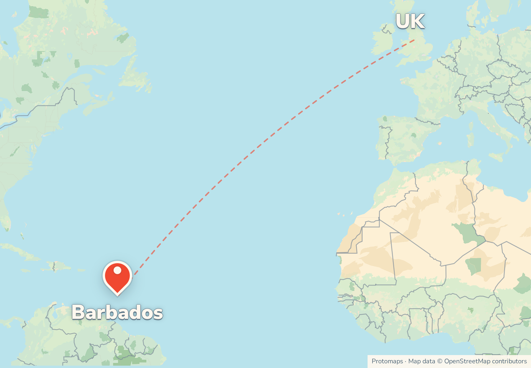 Map of the route from the UK to Barbados, with Barbados marked