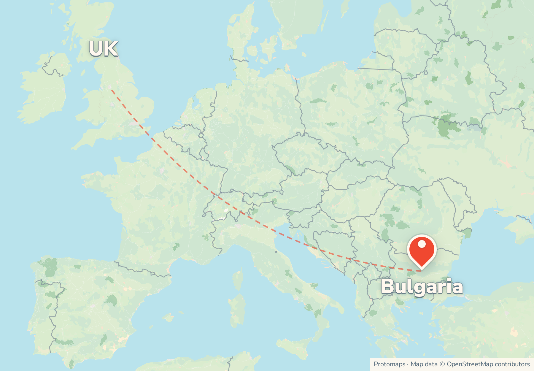 Map of the route from the UK to Bulgaria, with Bulgaria marked