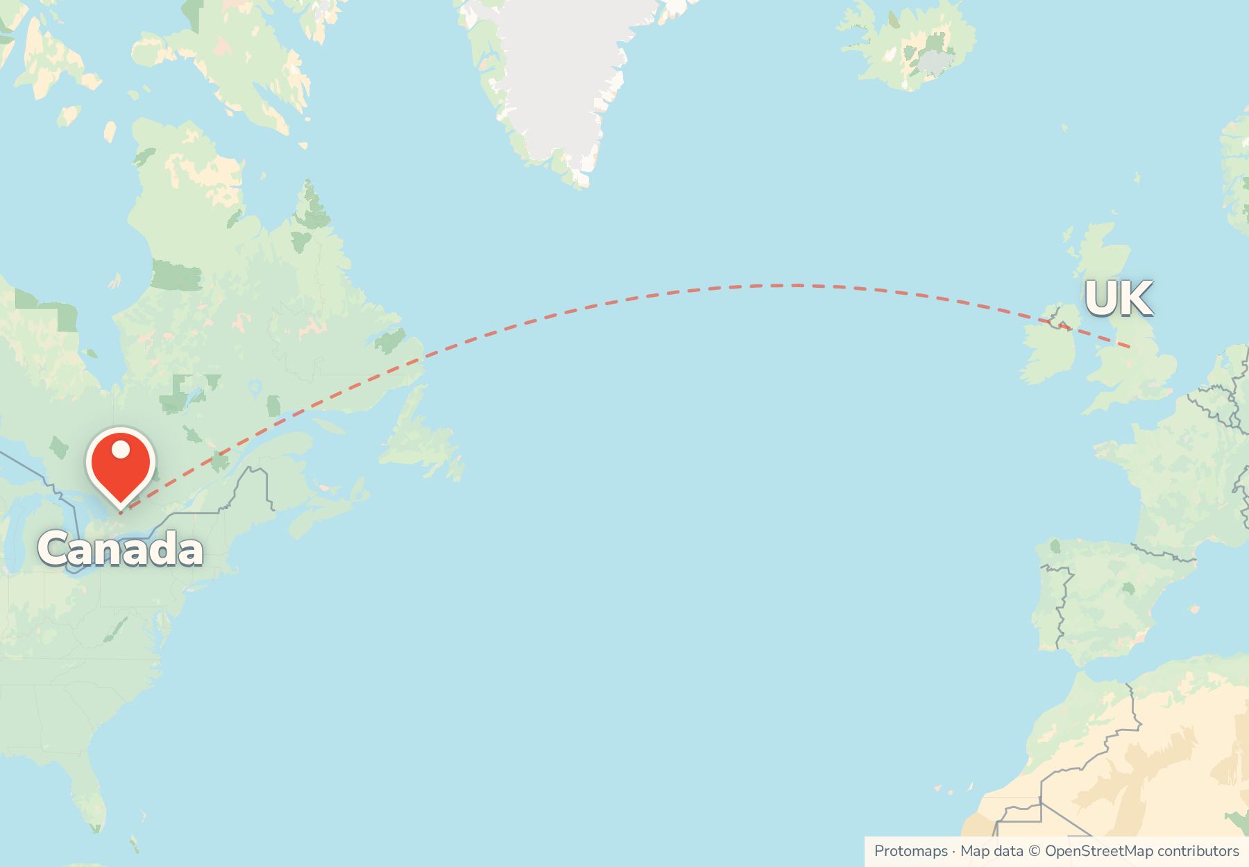 Map of the route from the UK to Canada, with Canada marked