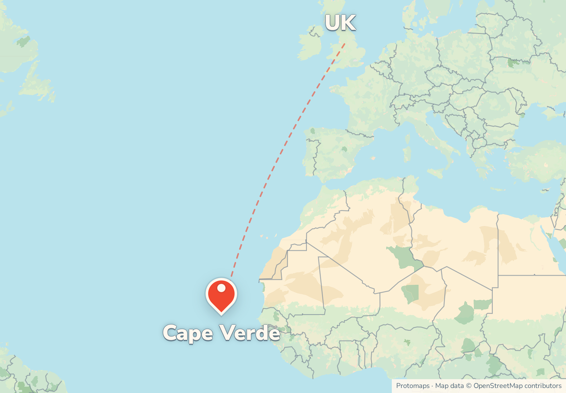 Map of the route from the UK to Cape Verde, with Cape Verde marked