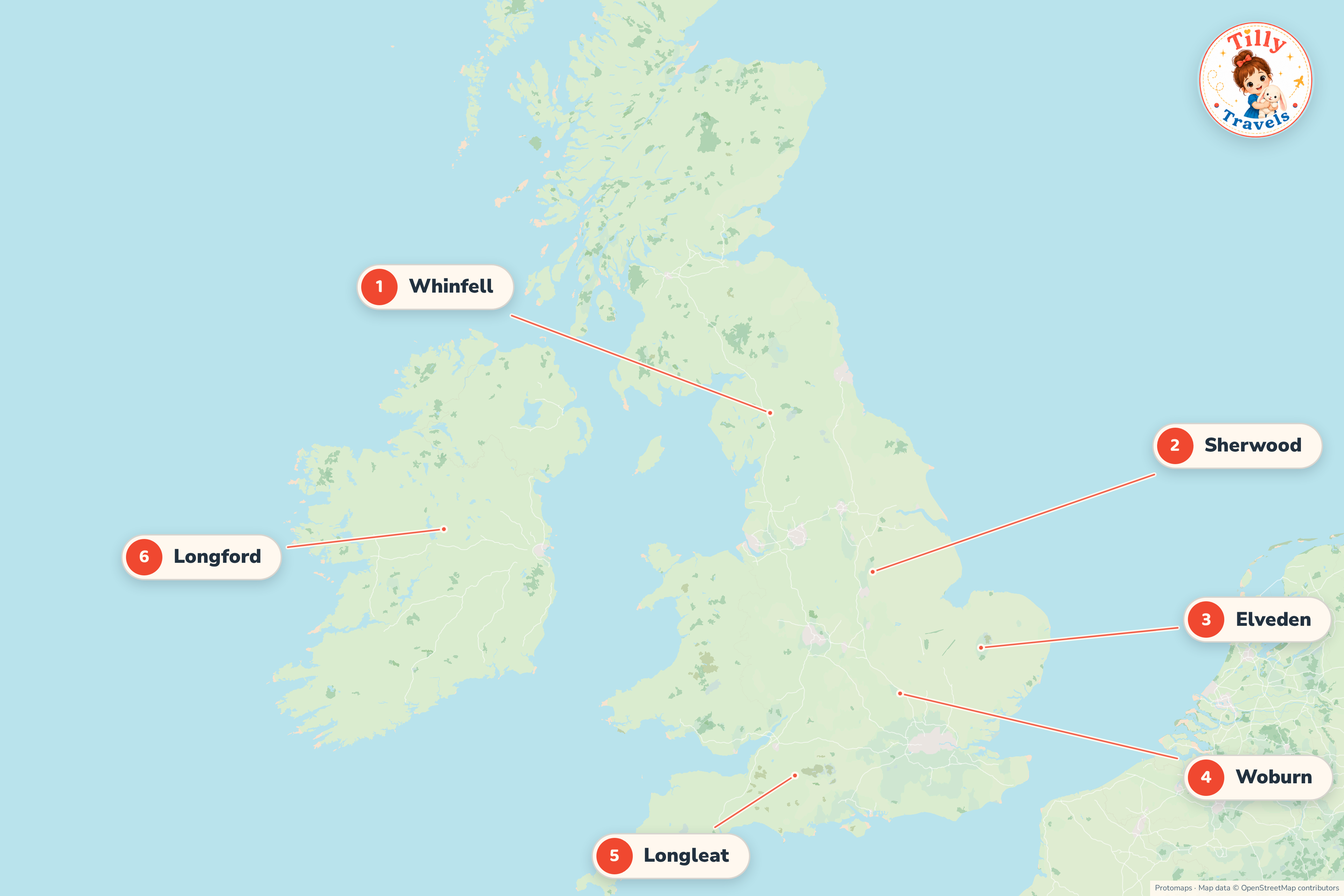 Map of the UK and Ireland showing the six Center Parcs villages: Whinfell in Cumbria, Sherwood in Nottinghamshire, Elveden in Suffolk, Woburn in Bedfordshire, Longleat in Wiltshire, and Longford in Ireland.