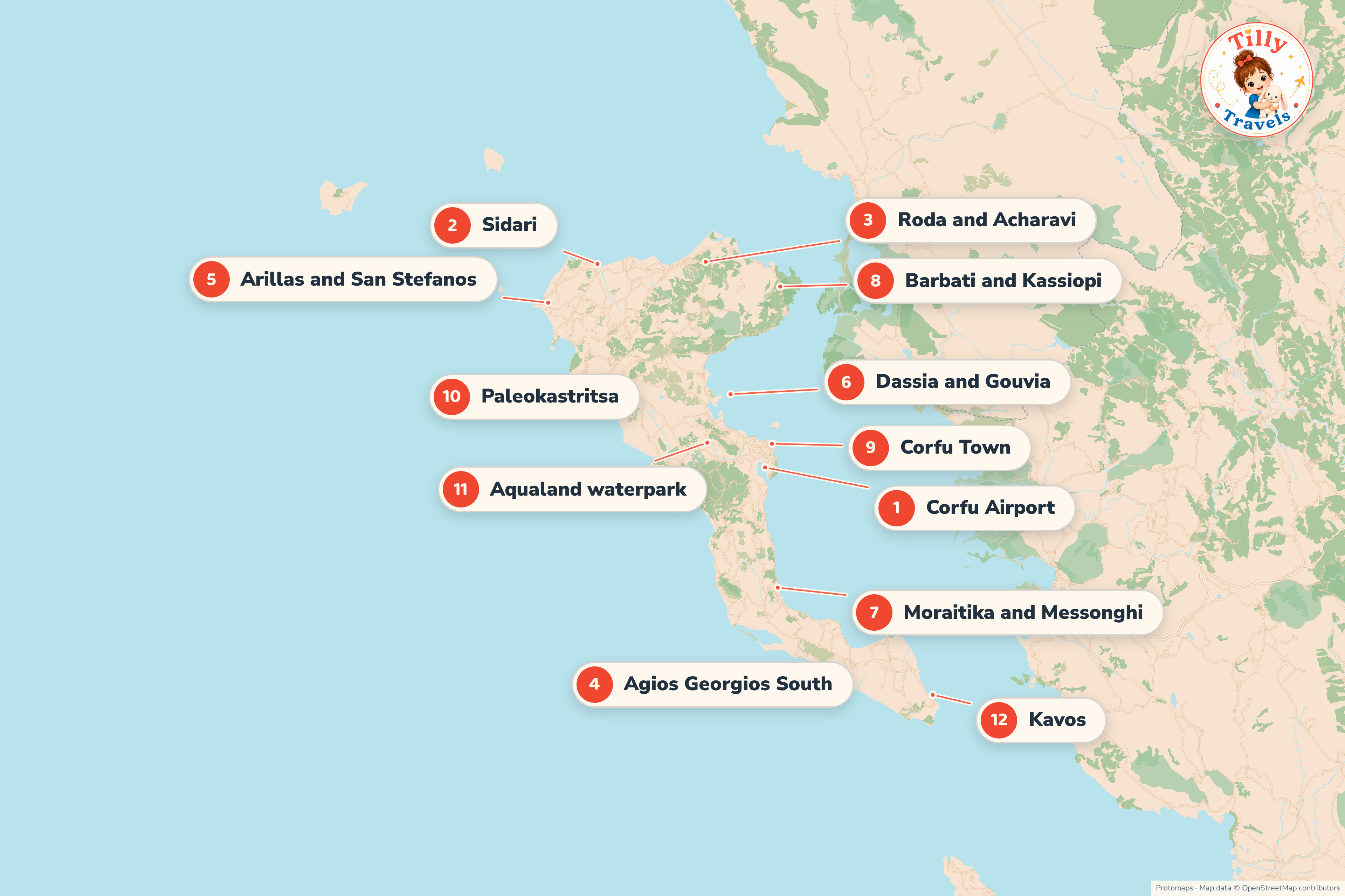 Map of Corfu showing the main family areas, the airport and the bigger days out.
