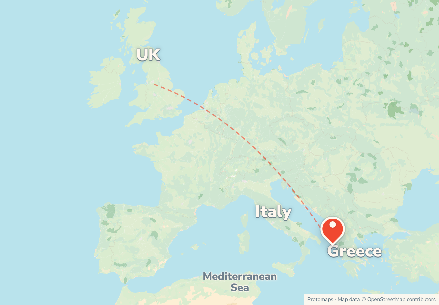 Locator map showing Corfu in the Ionian Sea off the west coast of Greece, with Italy and the UK to the north.