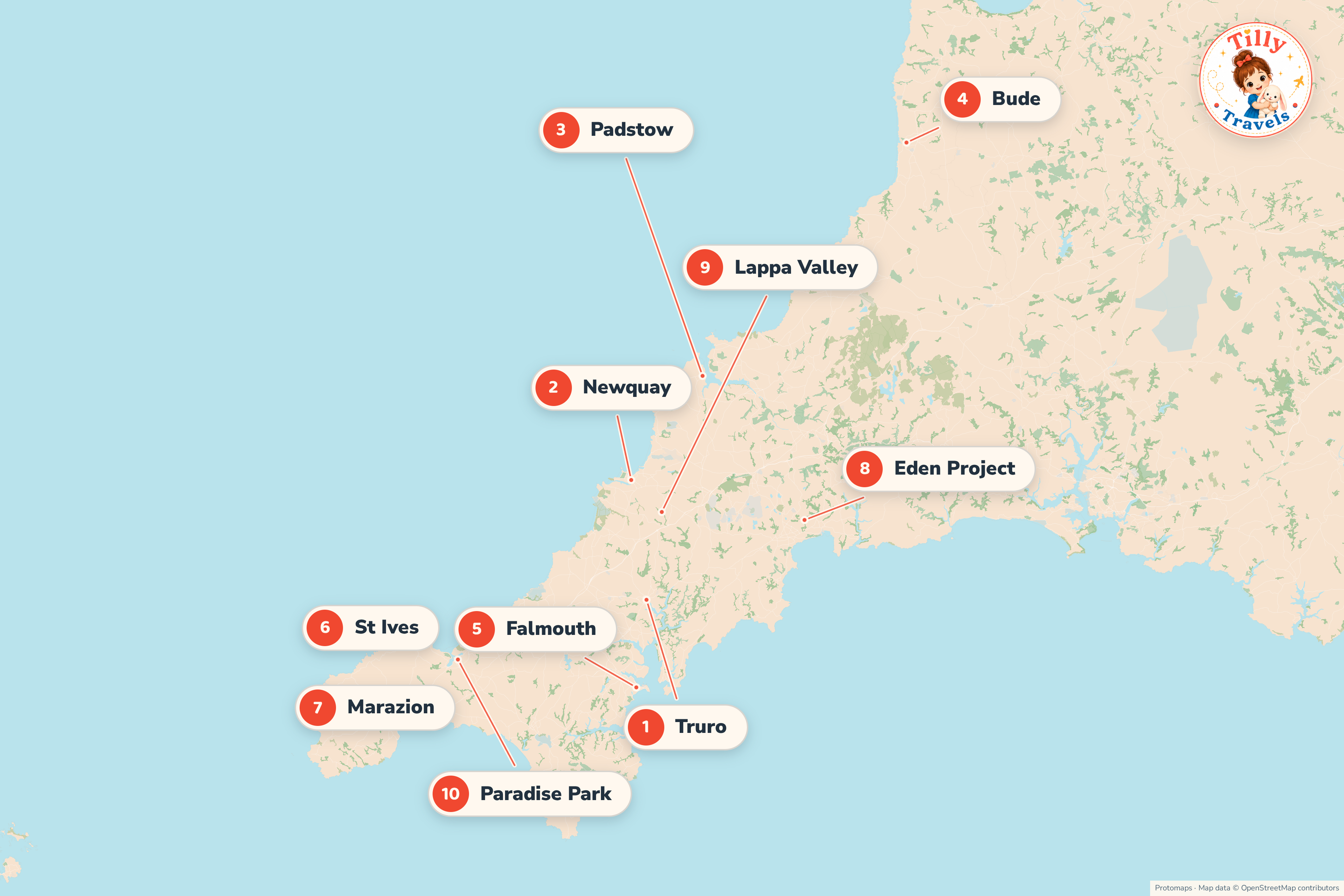 Map of Cornwall showing the north and south coasts, the far west, Truro and the main family attractions.
