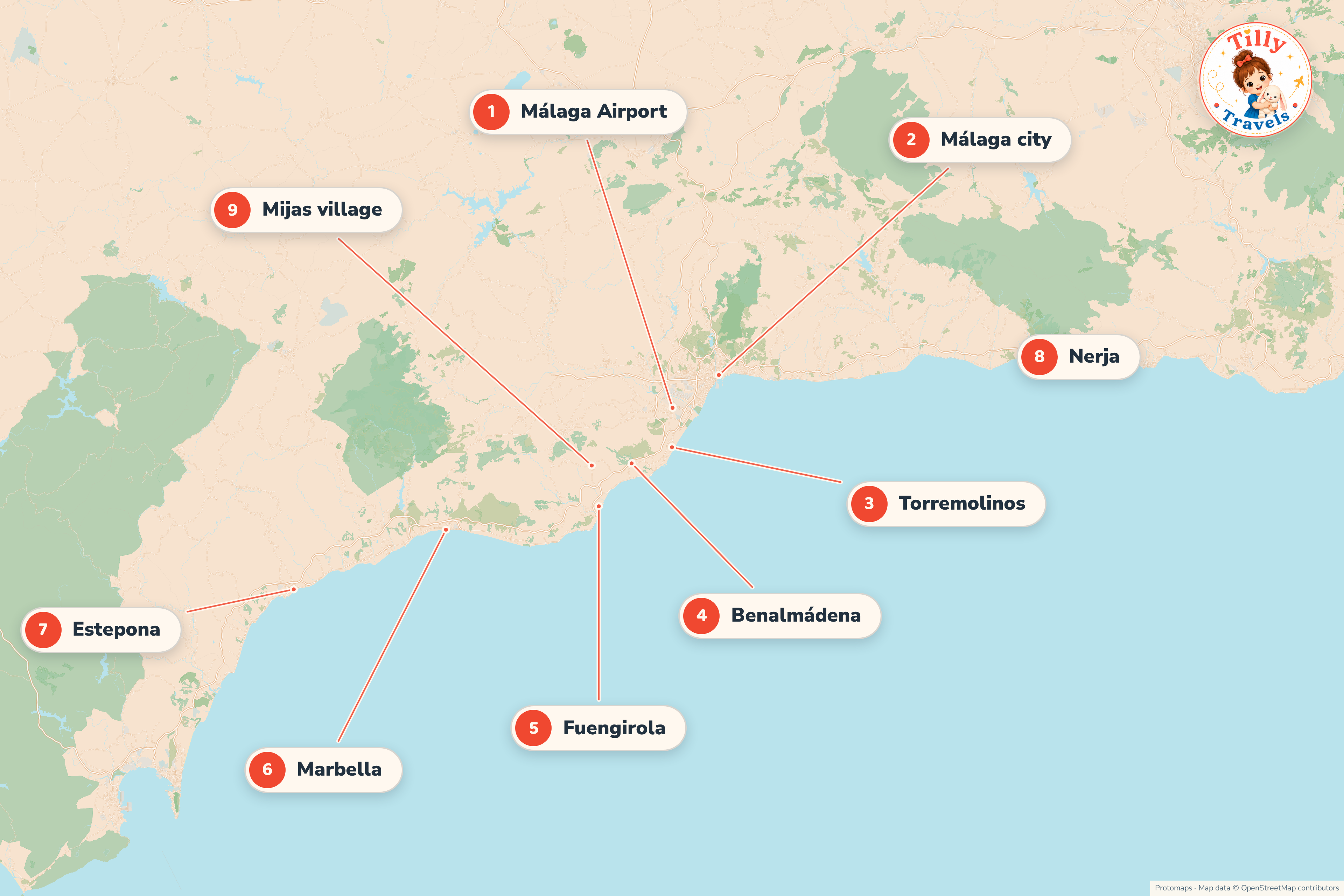 Map of the Costa del Sol showing the main family areas, Málaga airport and the bigger days out.