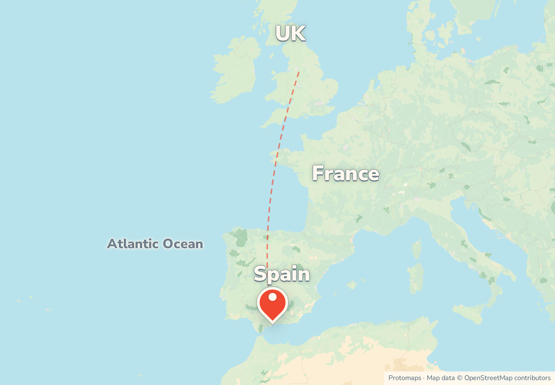 Locator map showing the Costa del Sol on Spain's southern coast, with France and the UK to the north.