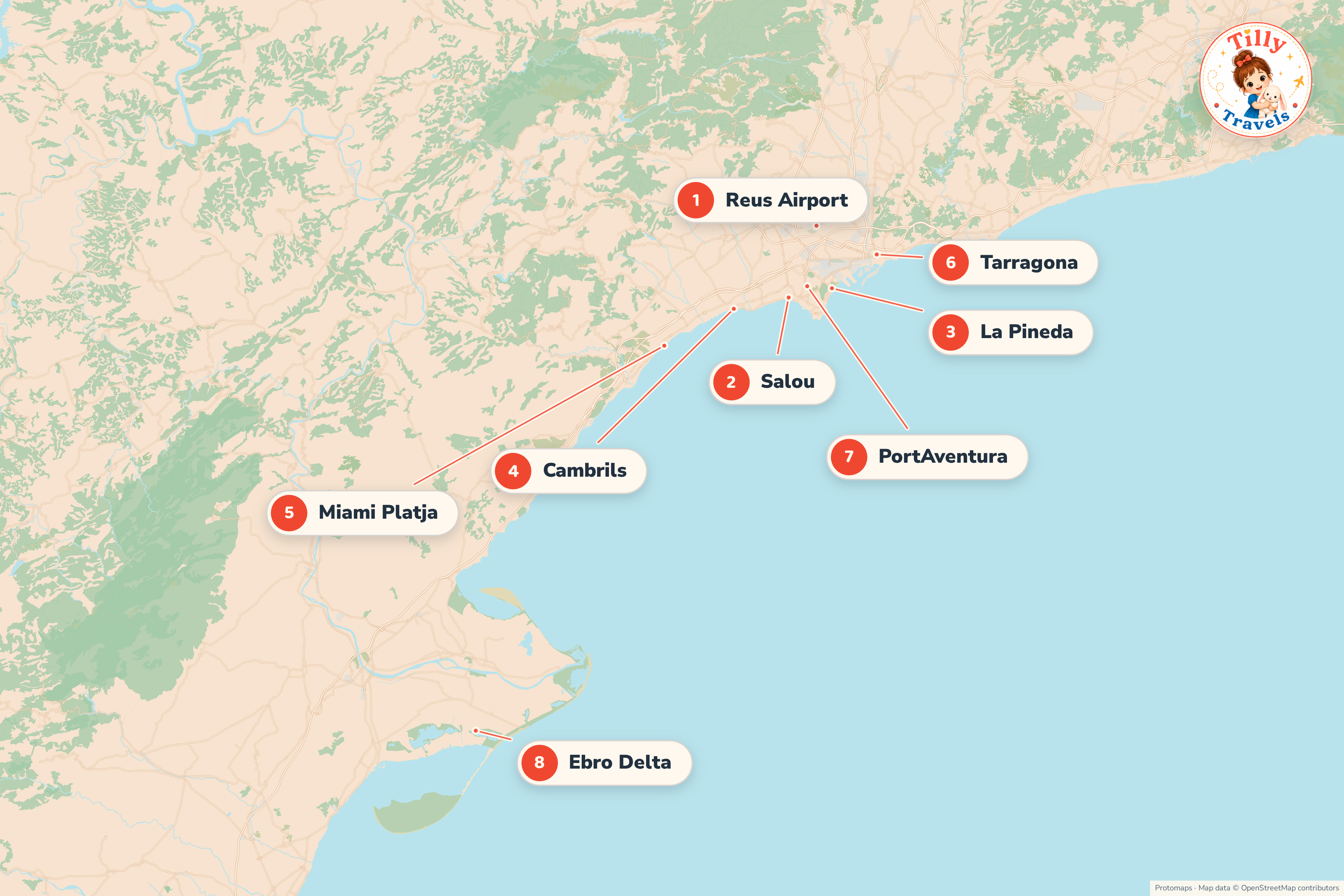 Map of the Costa Dorada showing Salou, La Pineda, Cambrils and Miami Platja on the coast, Reus airport inland, Tarragona to the north and the Ebro Delta to the south.