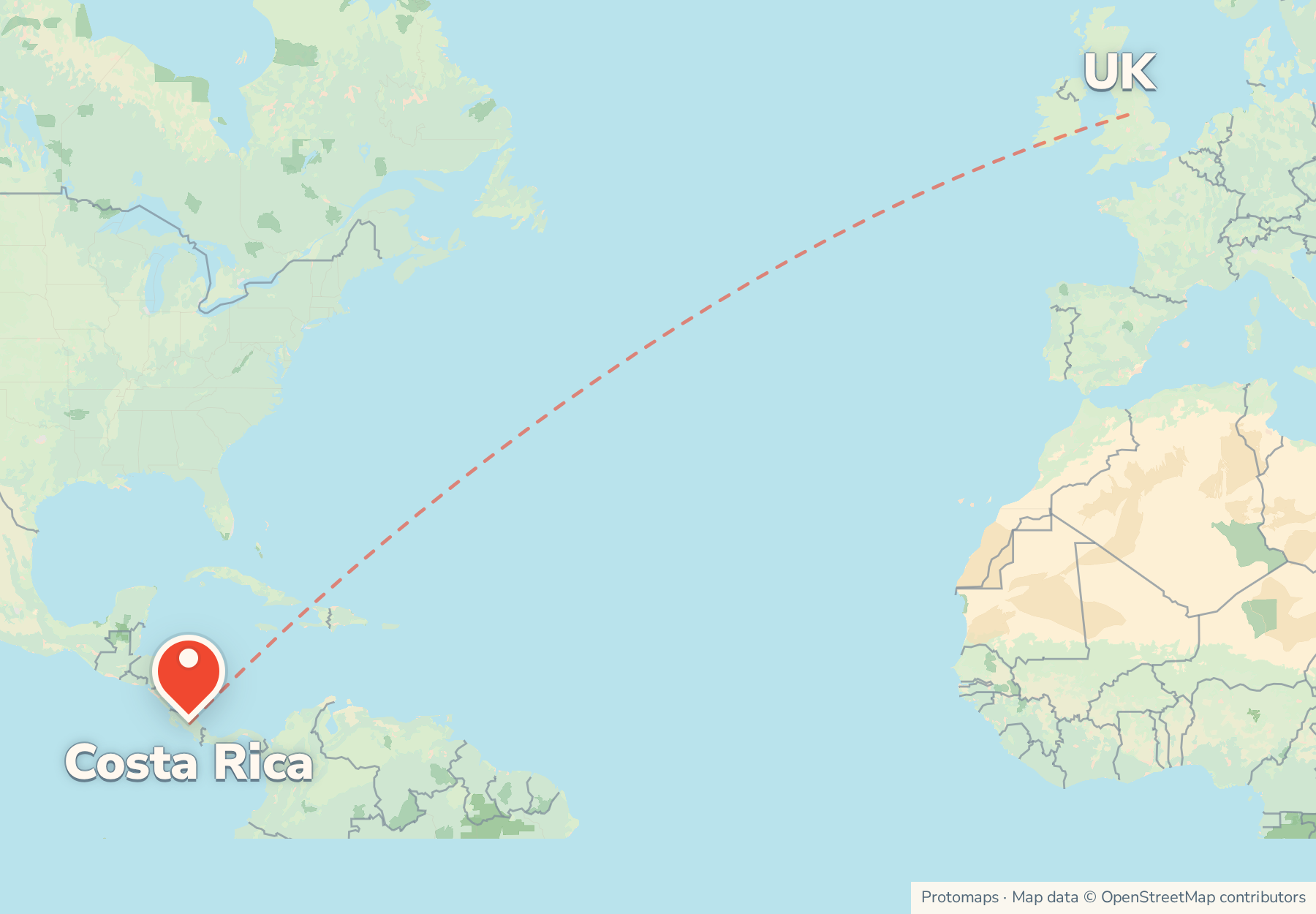 Map of the route from the UK to Costa Rica, with Costa Rica marked