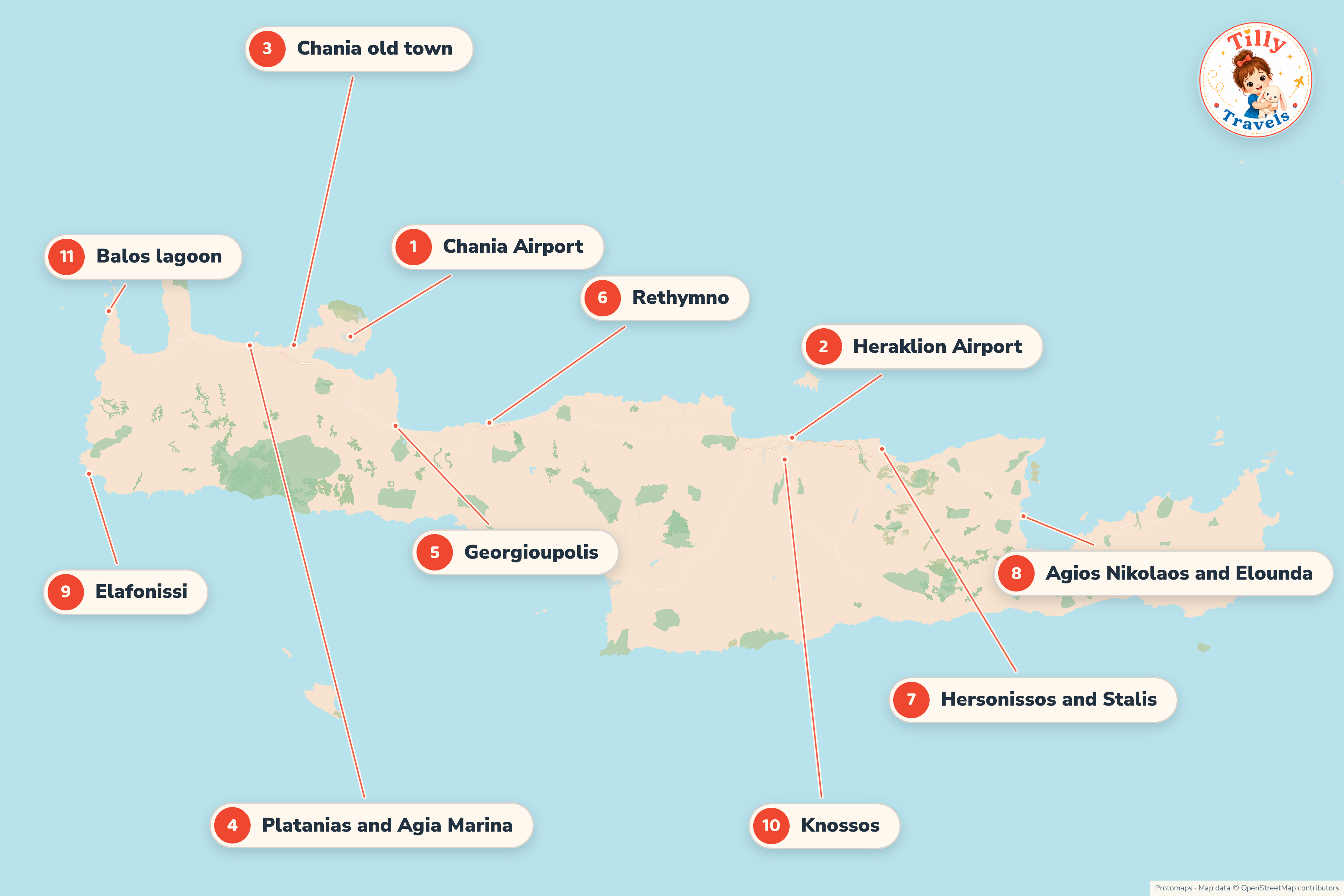 Map of Crete showing the main family areas, both airports and the bigger days out.