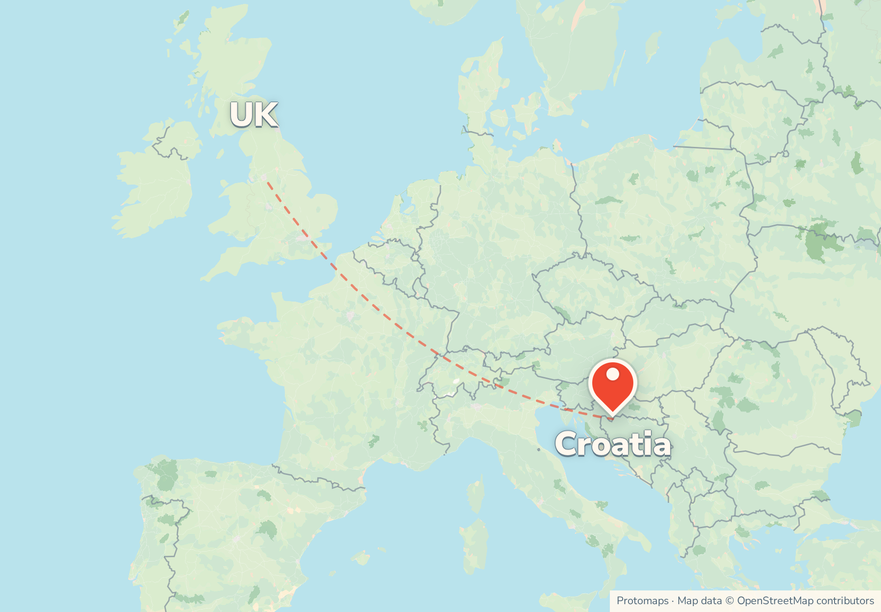 Map of the route from the UK to Croatia, with Croatia marked