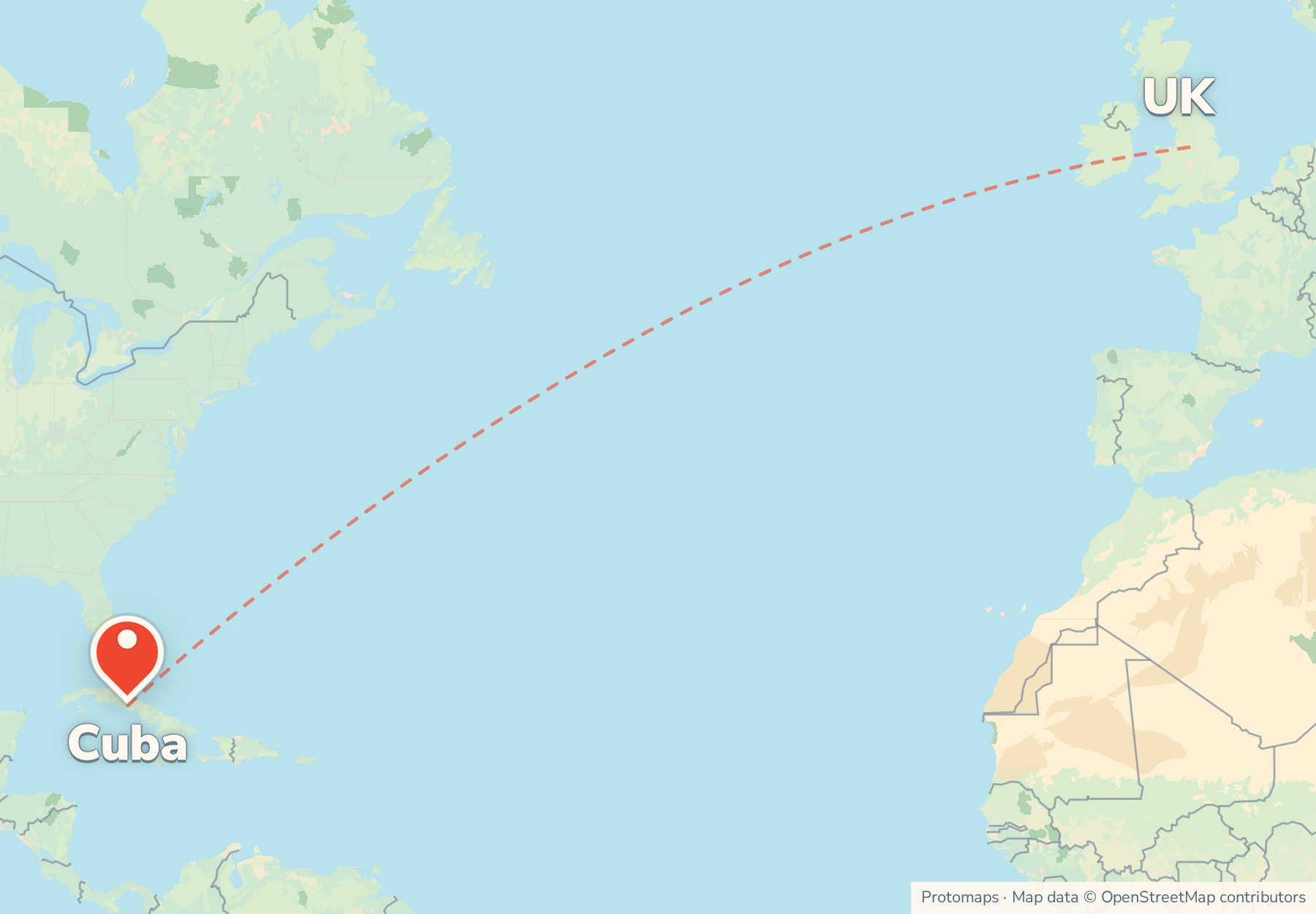 Map of the route from the UK to Cuba, with Cuba marked