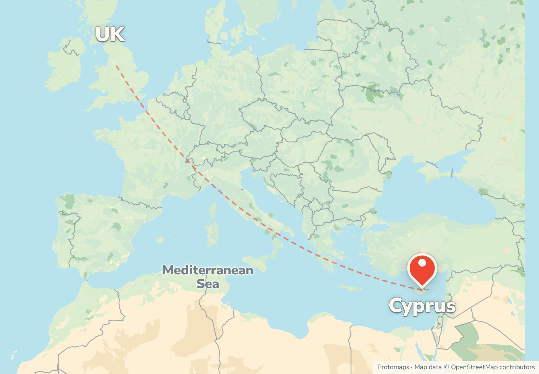 Map of the route from the UK to Cyprus, with Cyprus marked