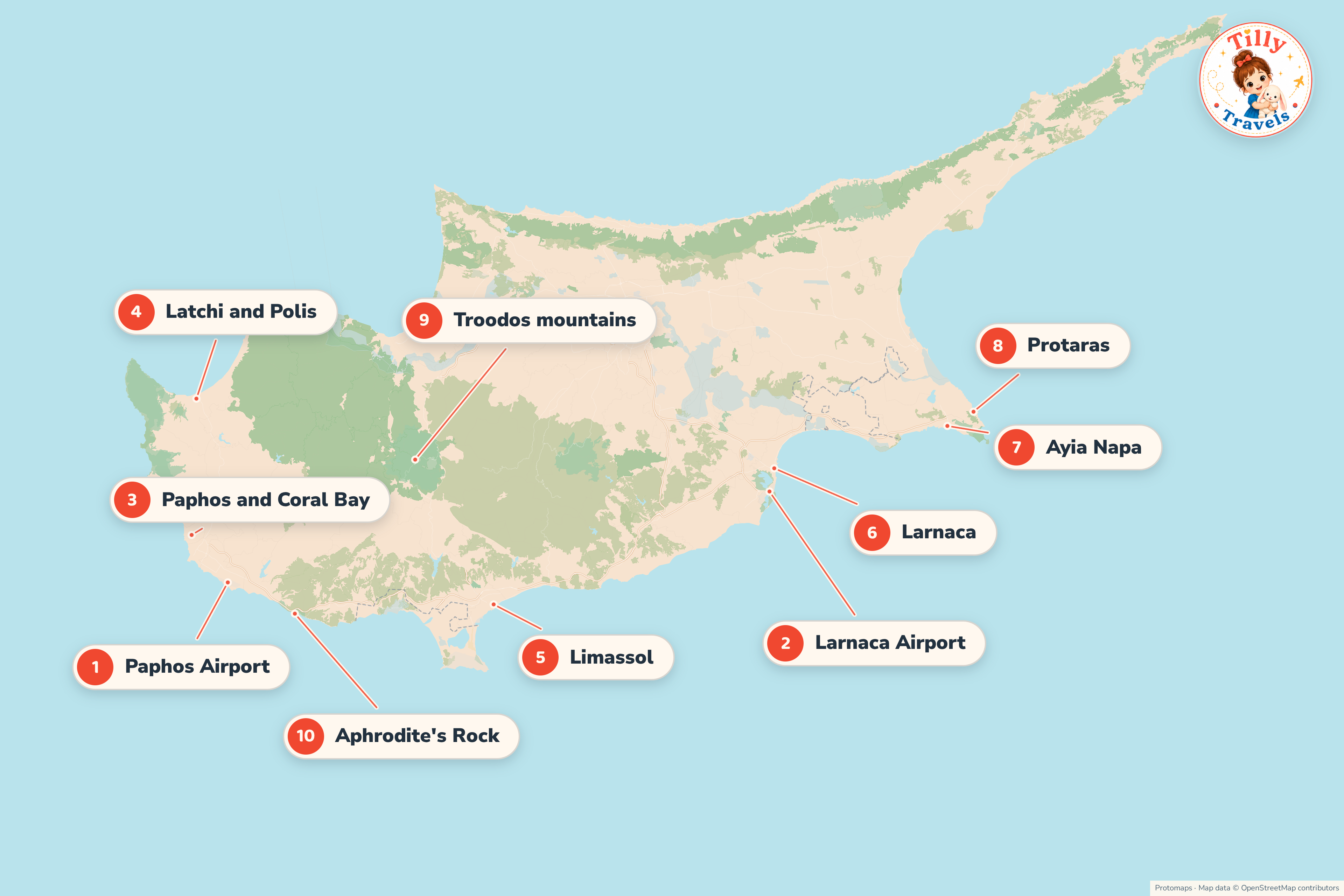 Map of Cyprus showing the main family areas, both airports and the bigger days out.