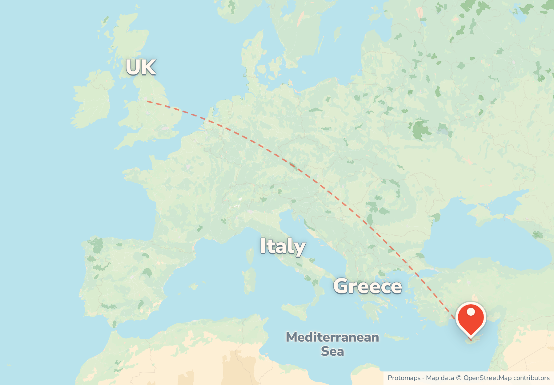 Locator map showing Cyprus at the eastern end of the Mediterranean, with Greece and the UK to the north-west.