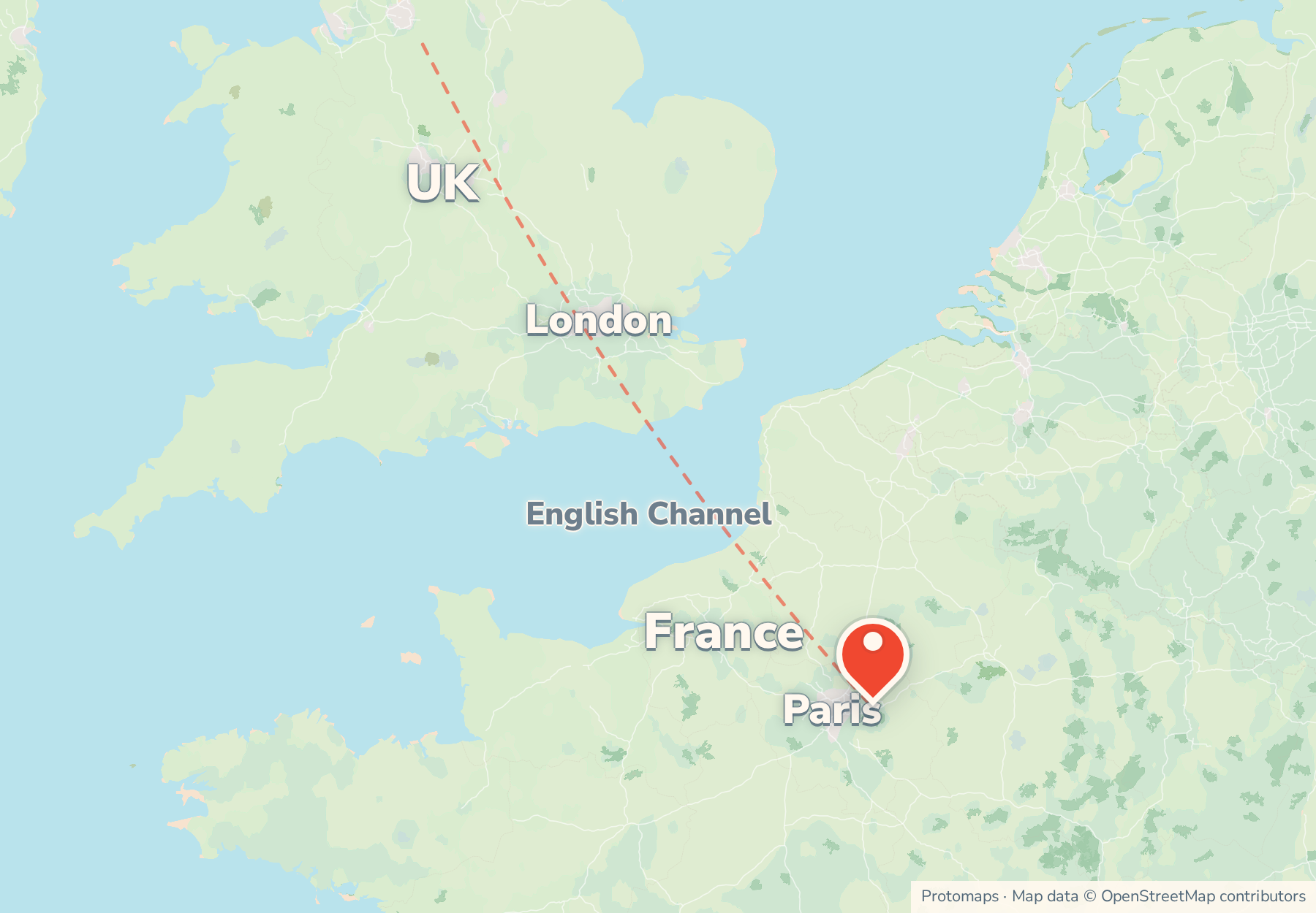 Locator map showing Disneyland Paris at Marne-la-Vallée, just east of Paris, with the English Channel and southern England to the north-west.