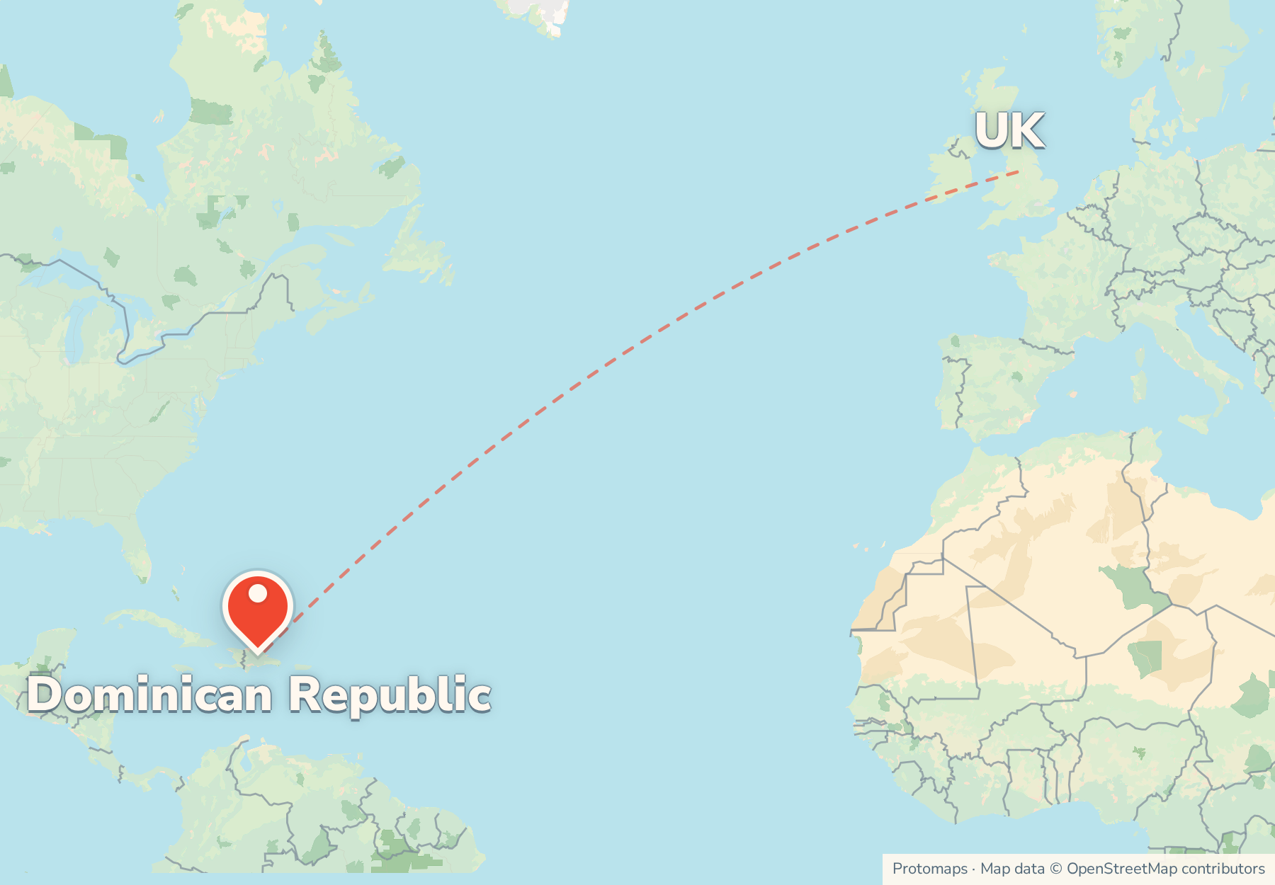 Map of the route from the UK to Dominican Republic, with Dominican Republic marked