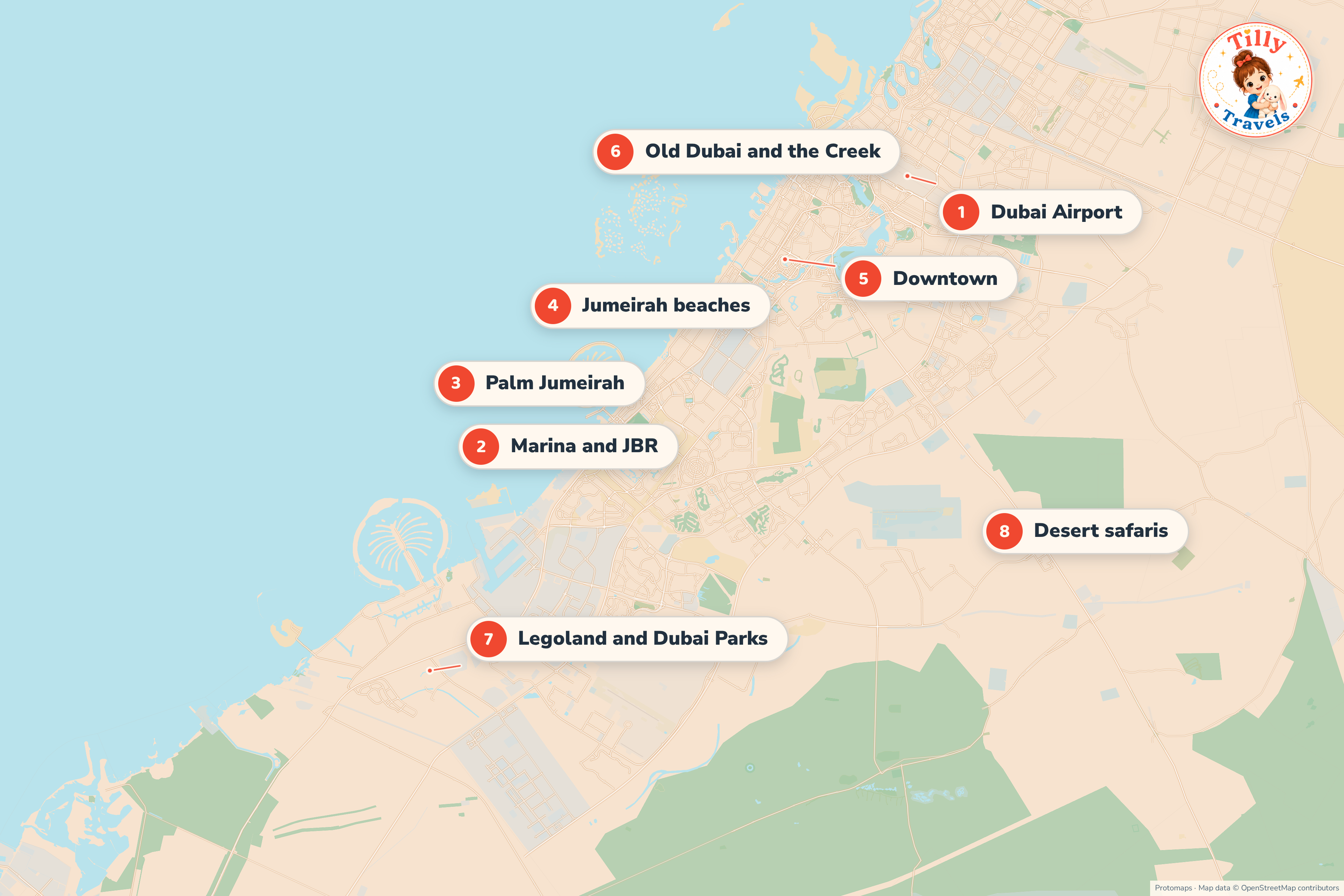 Map of Dubai showing the airport in the north-east, the Marina and JBR, Palm Jumeirah and the Jumeirah beaches along the coast to the south-west, Downtown and Old Dubai inland, and Legoland and the desert safaris as days out.