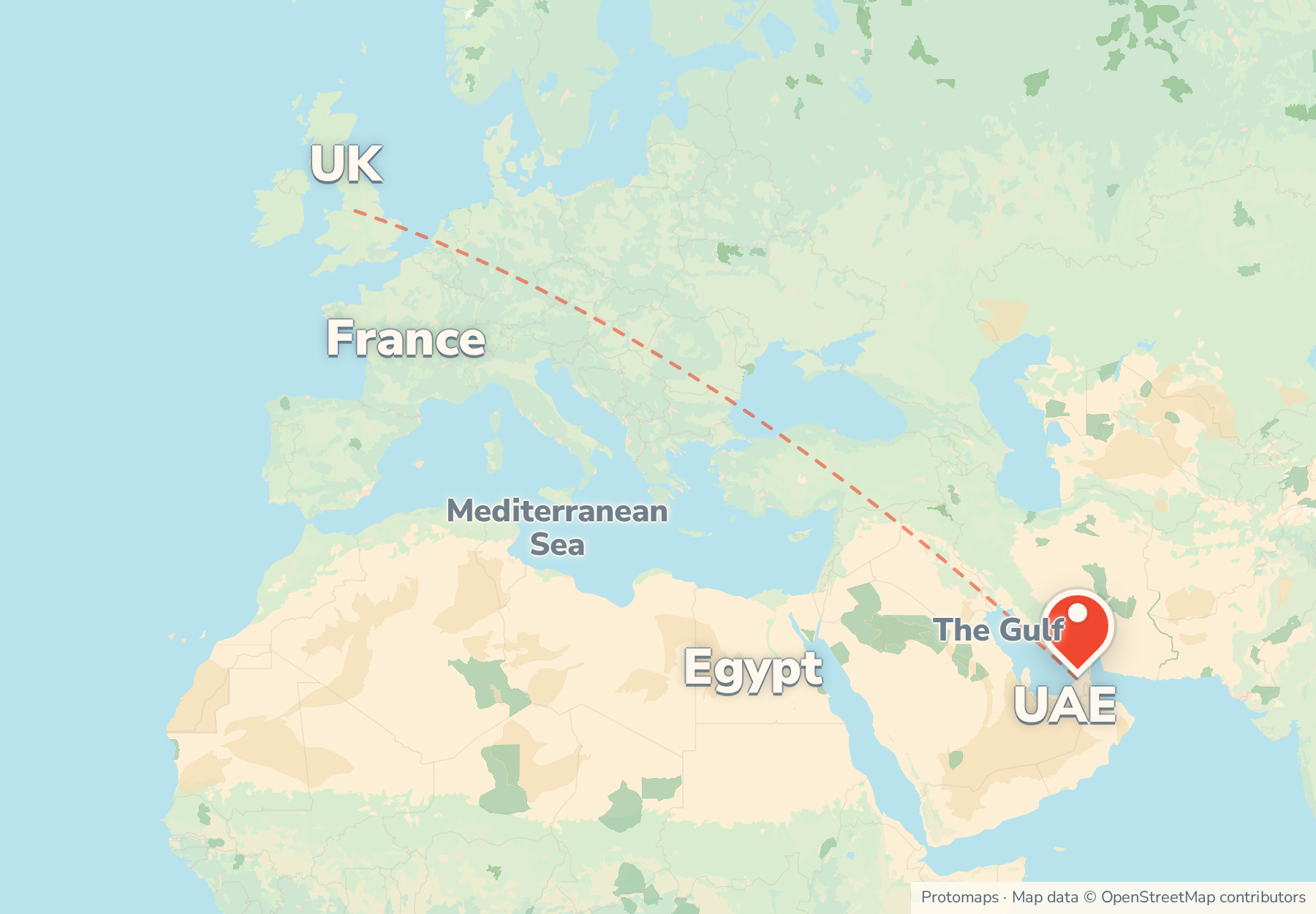 Locator map showing Dubai on the Arabian Gulf in the UAE, far south-east of the UK across Europe and the Mediterranean.